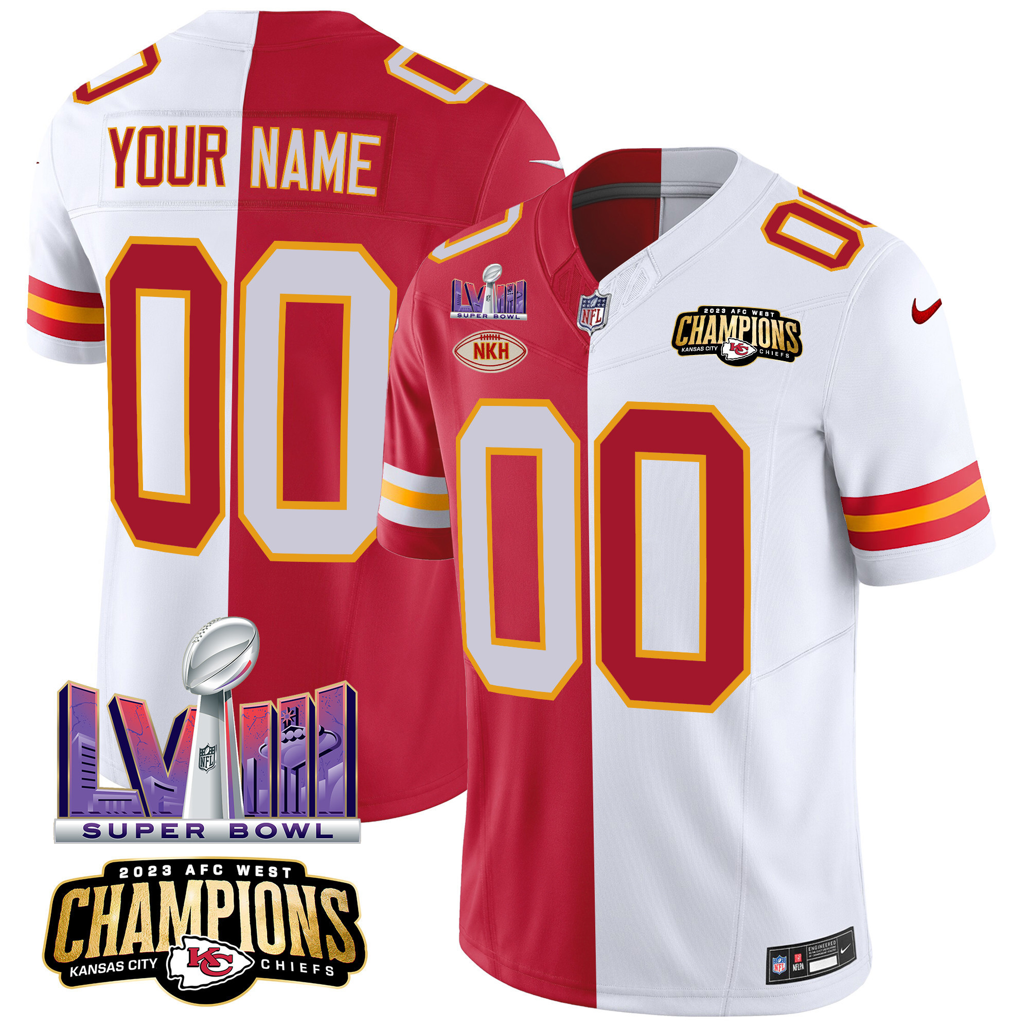 Men's Kansas City Chiefs AFC West Champions & Super Bowl LVIII Patch Vapor Custom Split Jersey - All Stitched