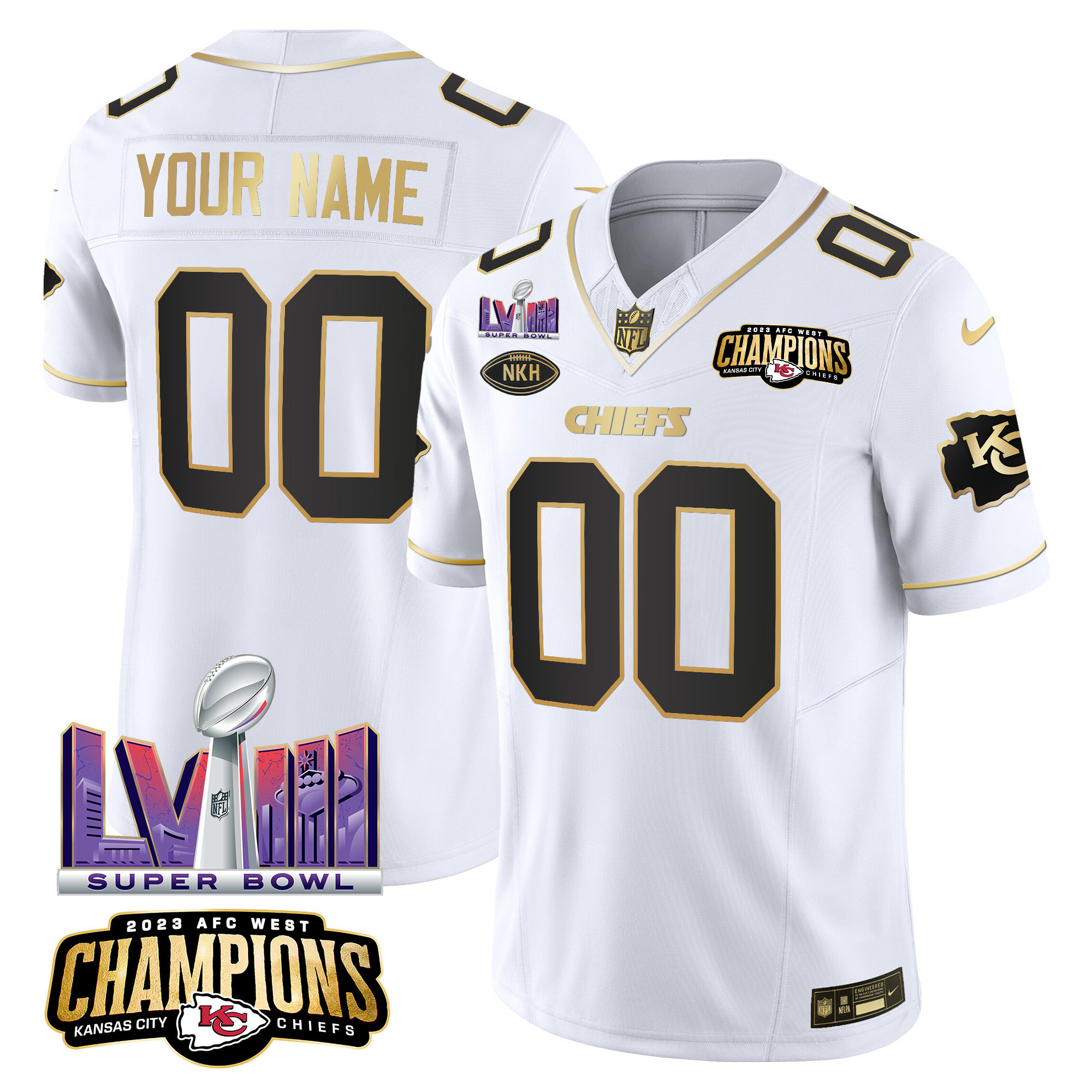 Men's Kansas City Chiefs AFC West Champions & Super Bowl LVIII Patch Vapor Custom White Gold Jersey - All Stitched