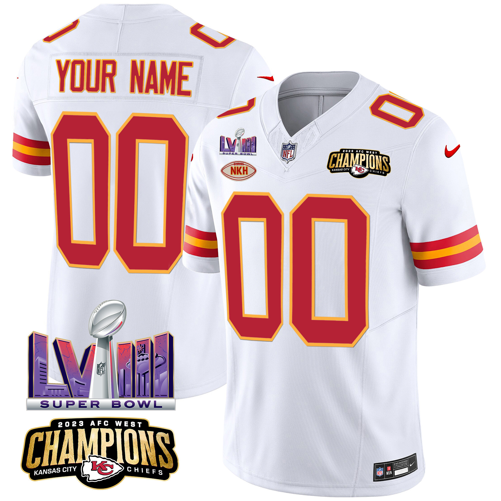 Men's Kansas City Chiefs AFC West Champions & Super Bowl LVIII Patch Vapor Custom White Jersey - All Stitched