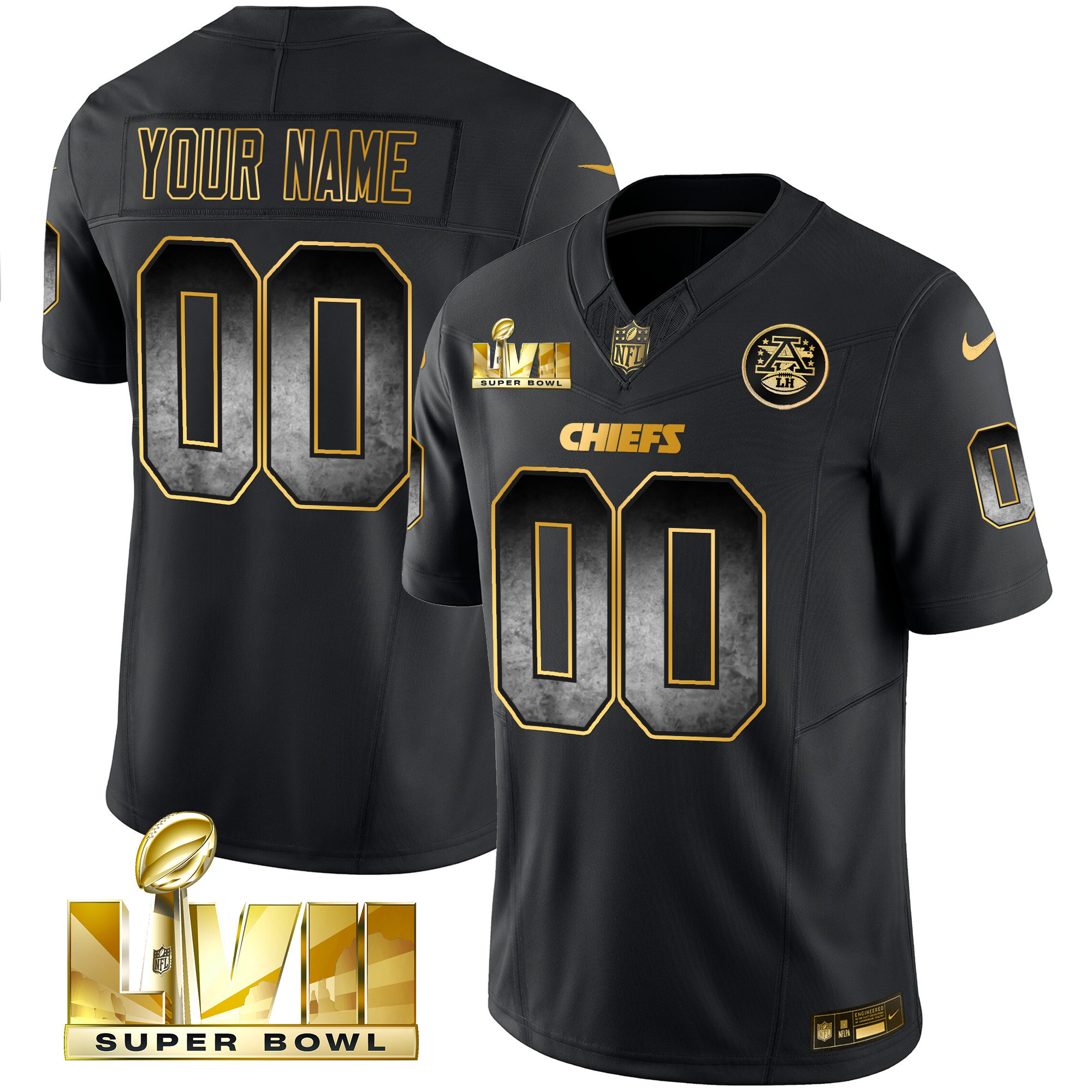 Men's Kansas City Chiefs Gold Arch Smoke Vapor Custom Black Gold Jersey - All Stitched