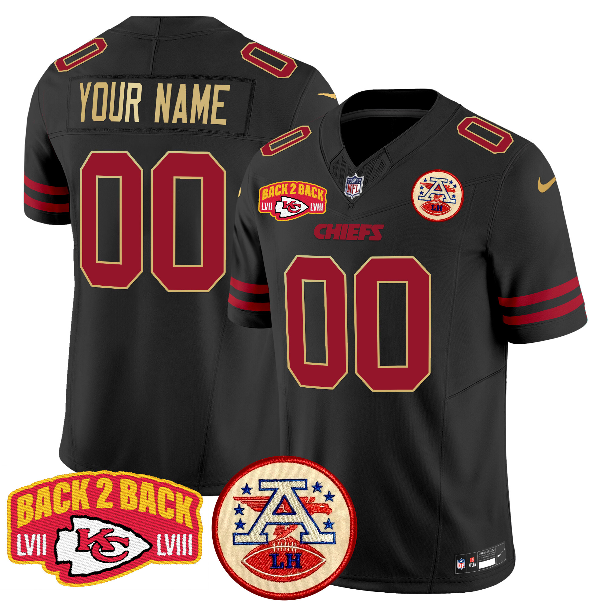 Men's Kansas City Chiefs Super Back 2 Back Patch Vapor Limited Custom Gold Trim Jersey - All Stitched