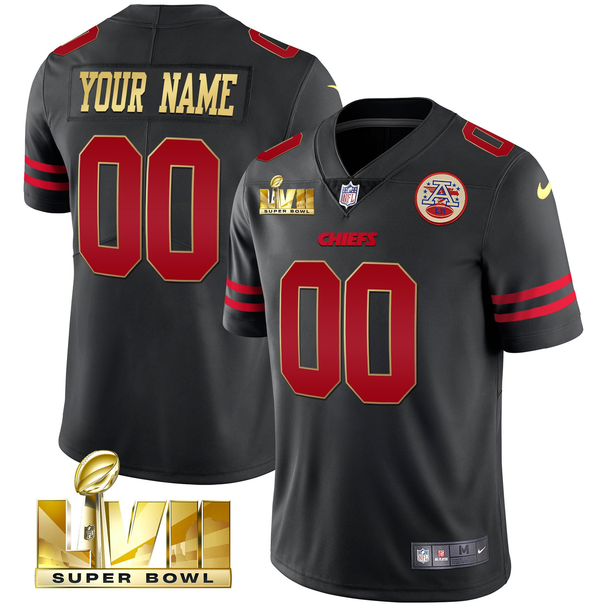 Men's Kansas City Chiefs Super Bowl Custom Name & Number Black Gold Trim Jersey - All Stitched