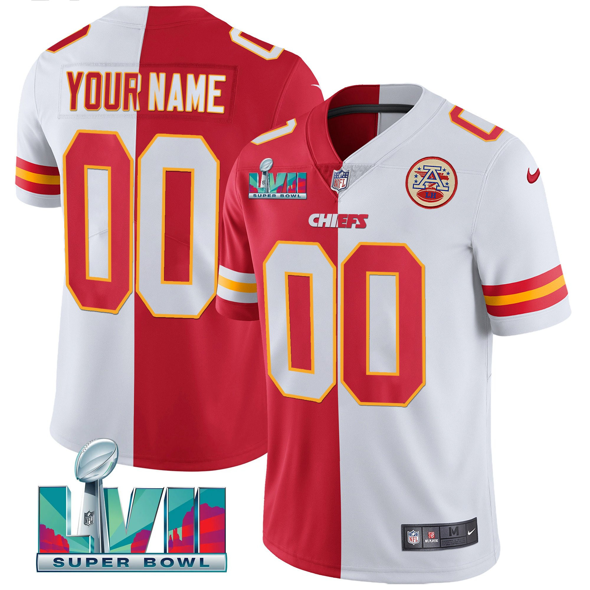 Men's Kansas City Chiefs Super Bowl Custom Name & Number Split Jersey - All Stitched