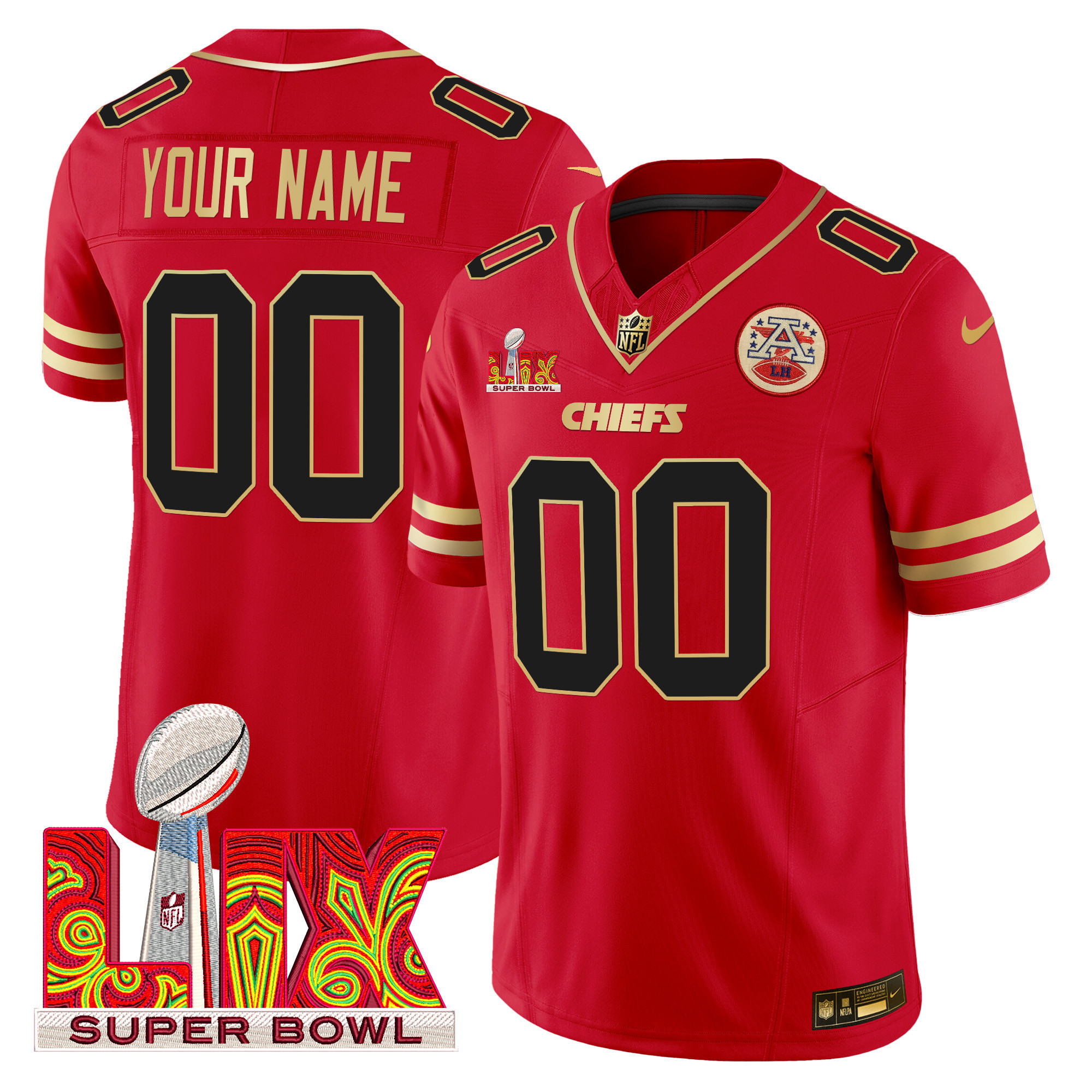 Men's Kansas City Chiefs Super Bowl LIX Patch Gold Trim Vapor Limited Custom Red Jersey - All Stitched