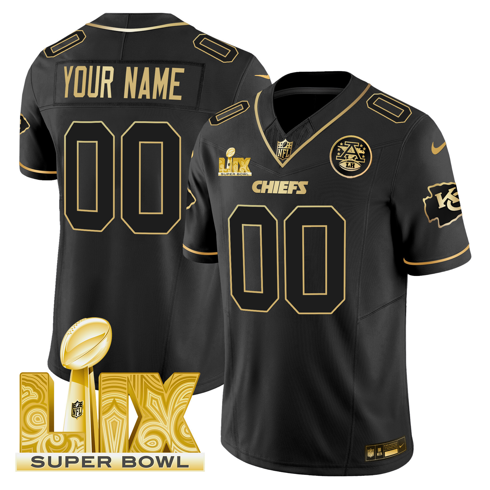 Men's Kansas City Chiefs Super Bowl LIX Patch Gold Vapor Limited Custom Black Gold Jersey - All Stitched