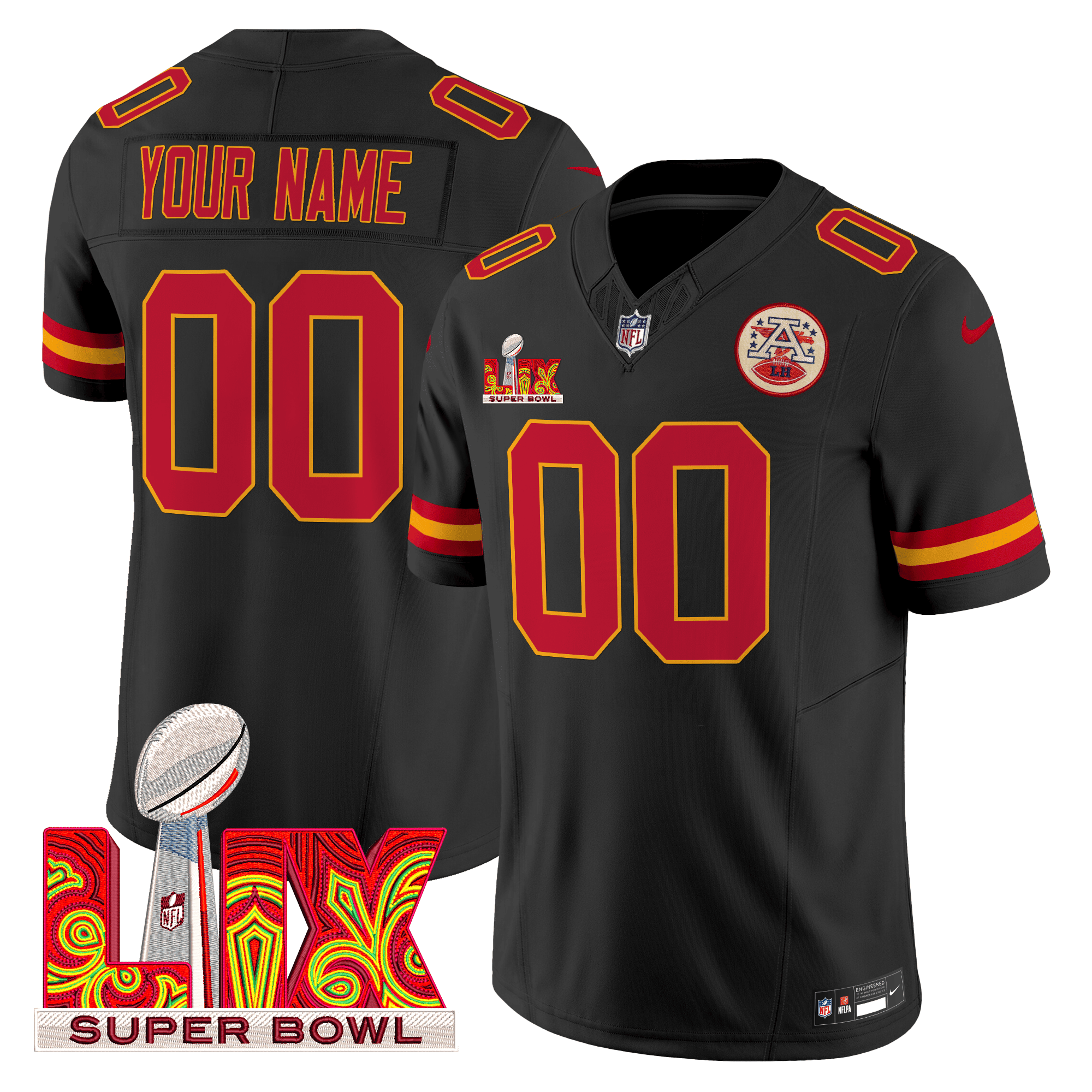 Men's Kansas City Chiefs Super Bowl LIX Patch Vapor Limited Custom Black Jersey - All Stitched