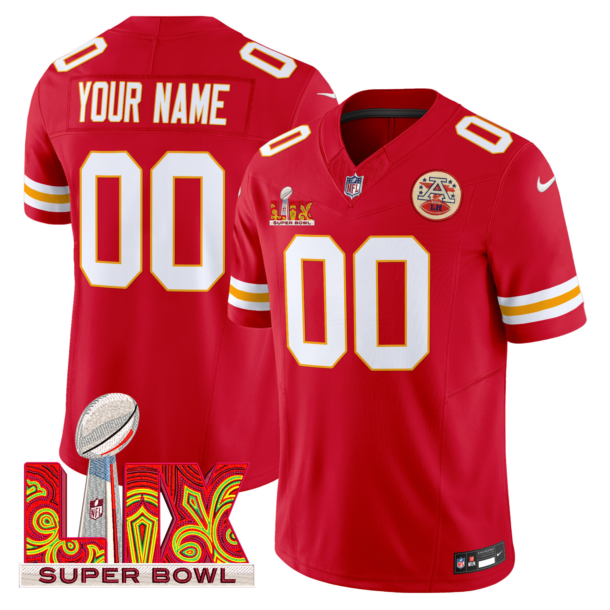 Men's Kansas City Chiefs Super Bowl LIX Patch Vapor Limited Custom Red Jersey - All Stitched