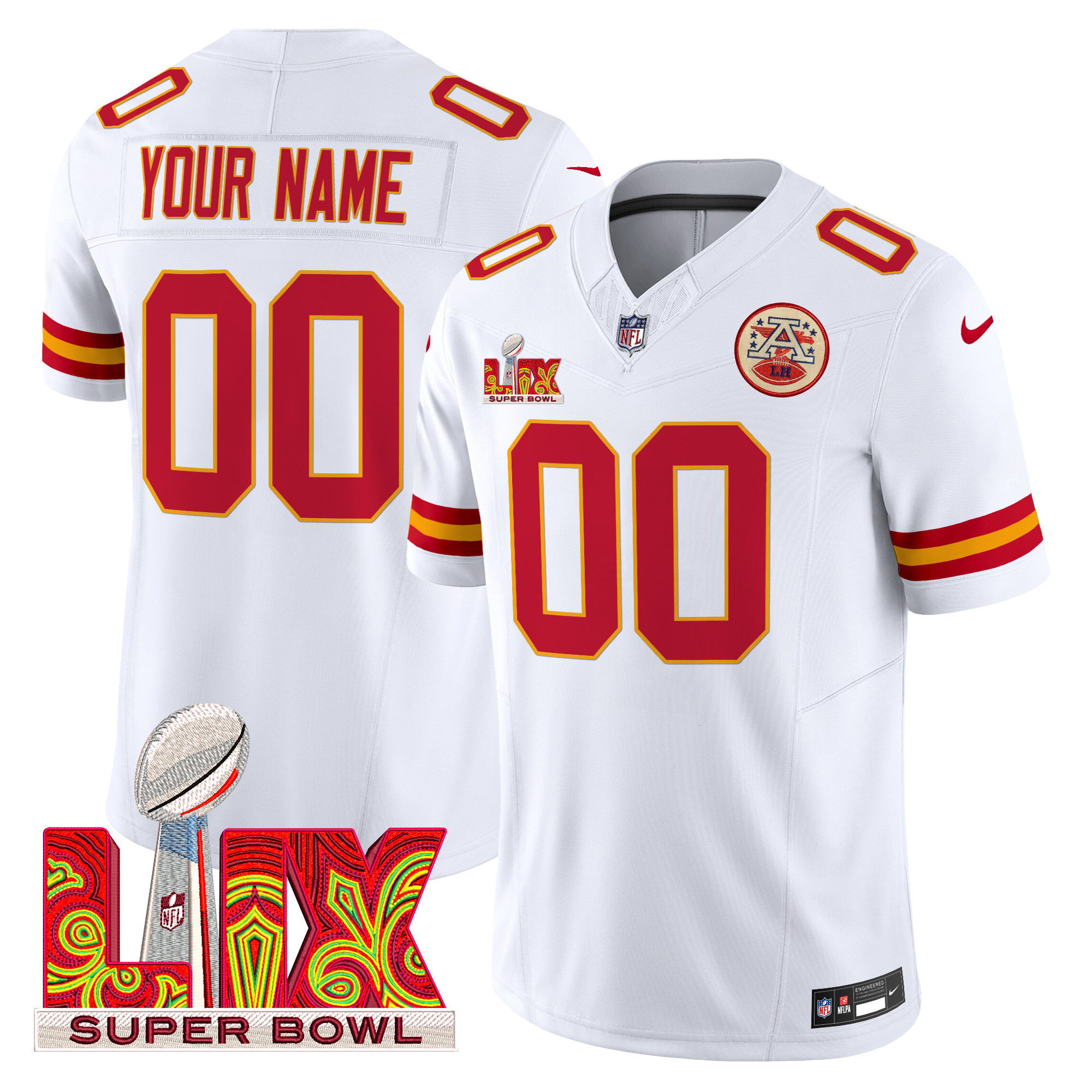 Men's Kansas City Chiefs Super Bowl LIX Patch Vapor Limited Custom White Jersey - All Stitched