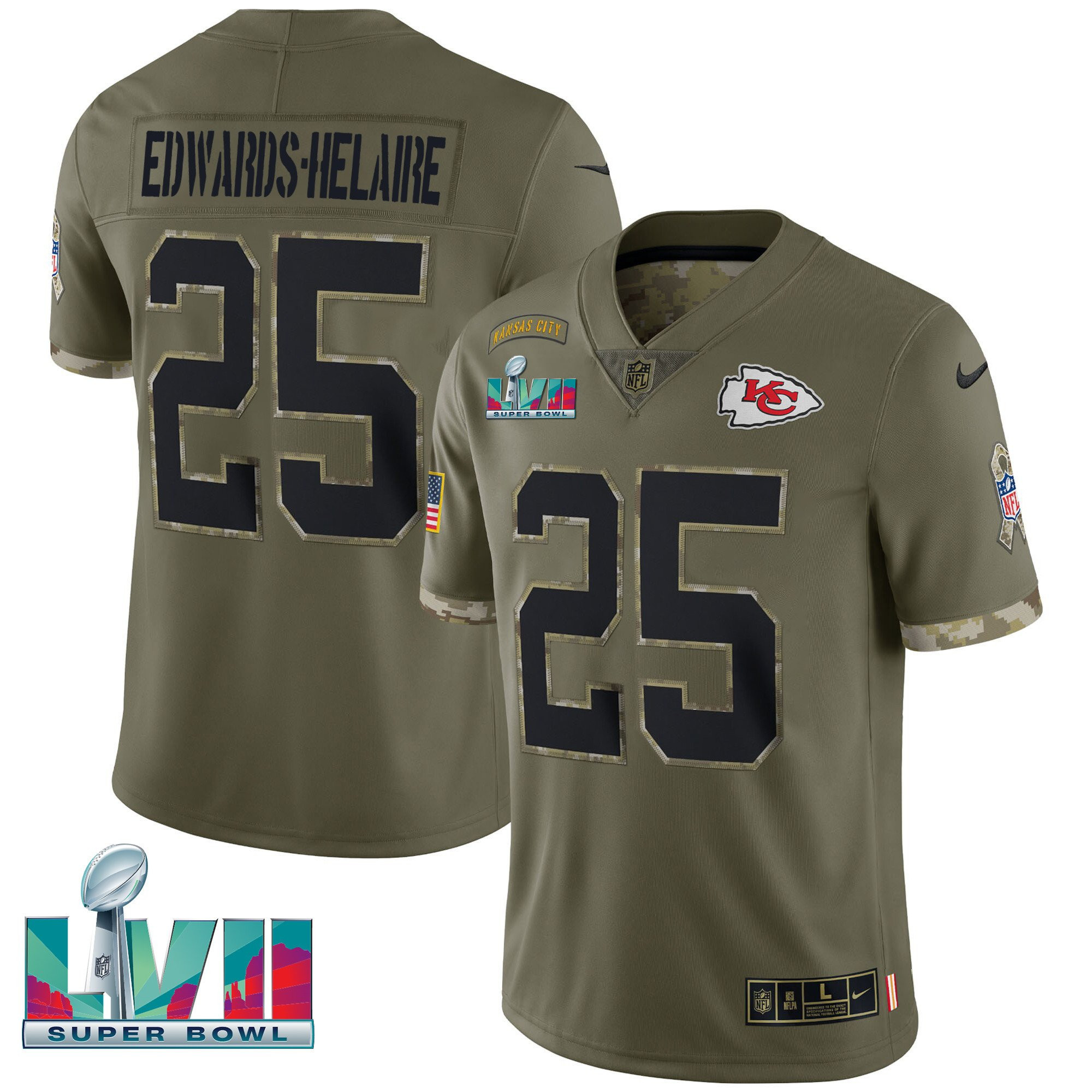 Men's Kansas City Chiefs Super Bowl LVII Salute To Service Player Clyde Edwards-Helaire Jersey - All Stitched