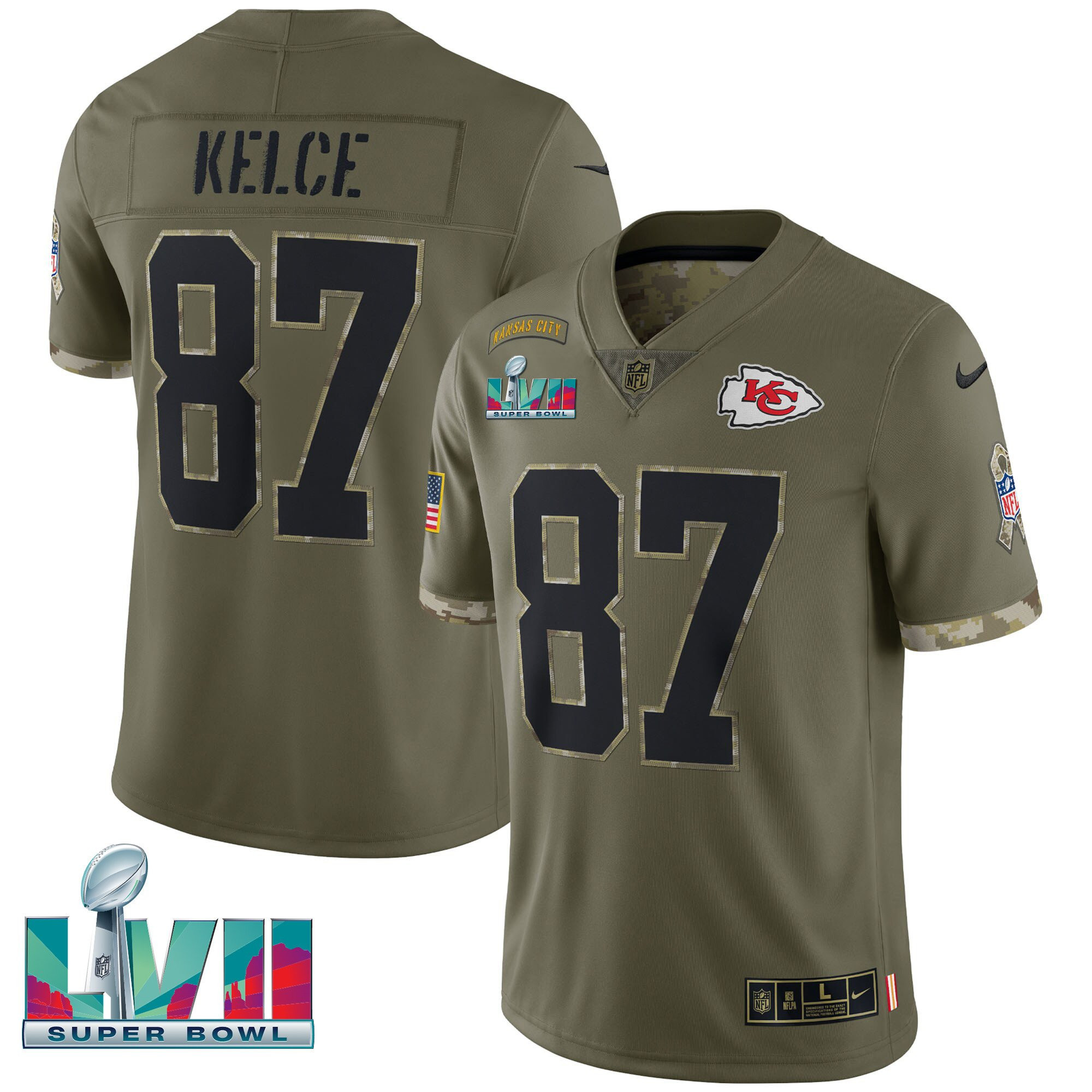 Men's Kansas City Chiefs Super Bowl LVII Salute To Service Player Travis Kelce Jersey - All Stitched