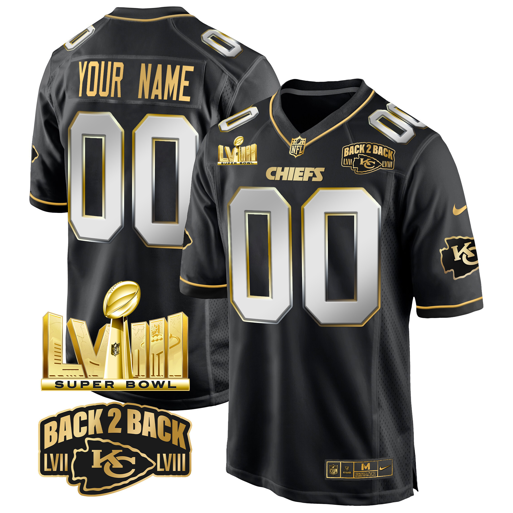 Men's Kansas City Chiefs Super Bowl LVIII & Back 2 Back Gold Game Custom Black Limited Jersey - All Stitched