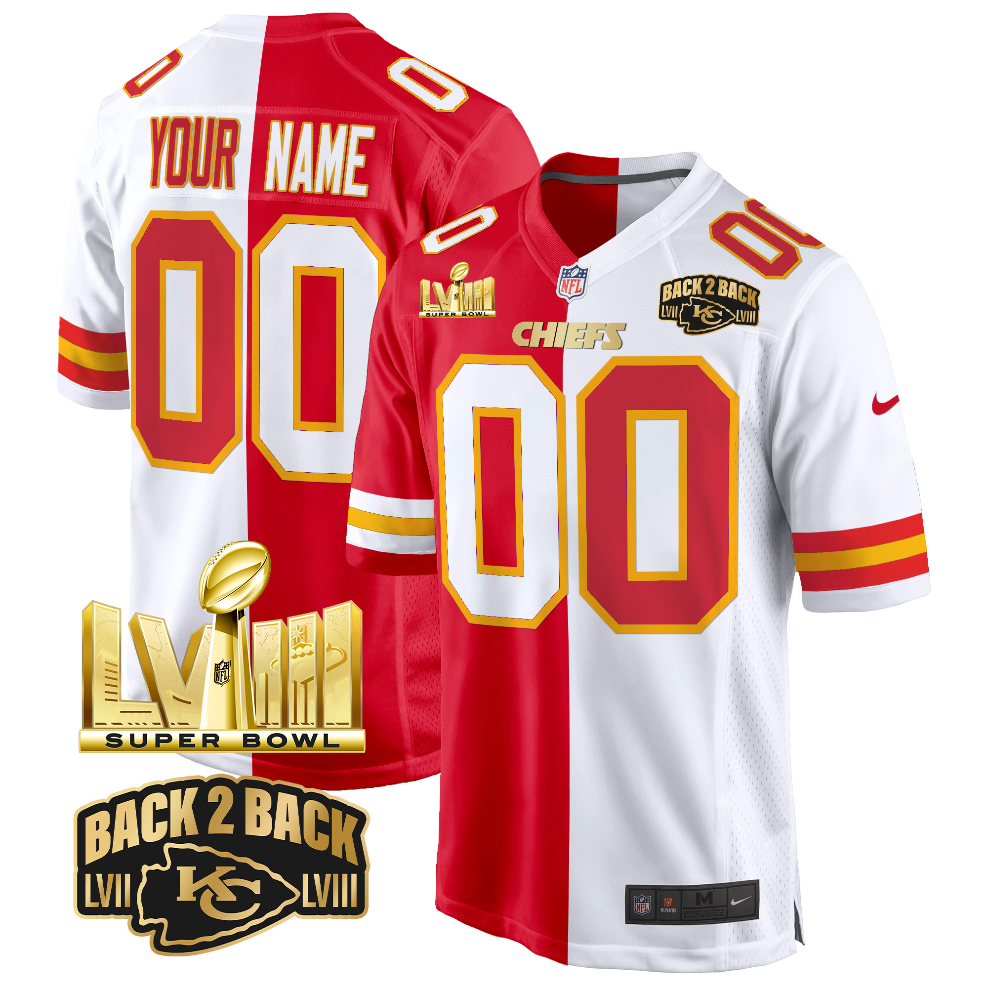 Men's Kansas City Chiefs Super Bowl LVIII & Back 2 Back Gold Game Custom Split Jersey - All Stitched