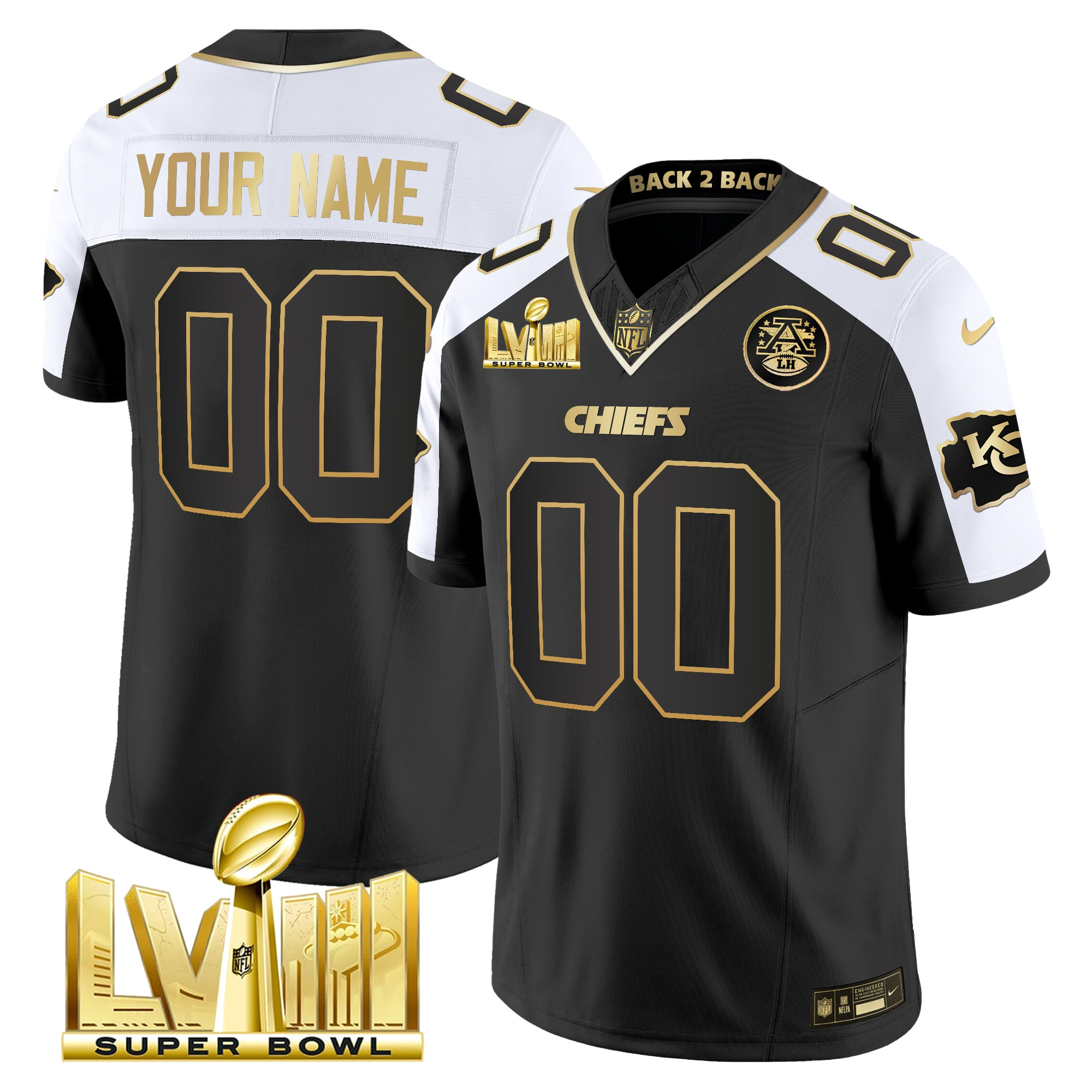 Men's Kansas City Chiefs Super Bowl LVIII & Back 2 Back Gold Patch Vapor Custom Alternate Jersey - All Stitched