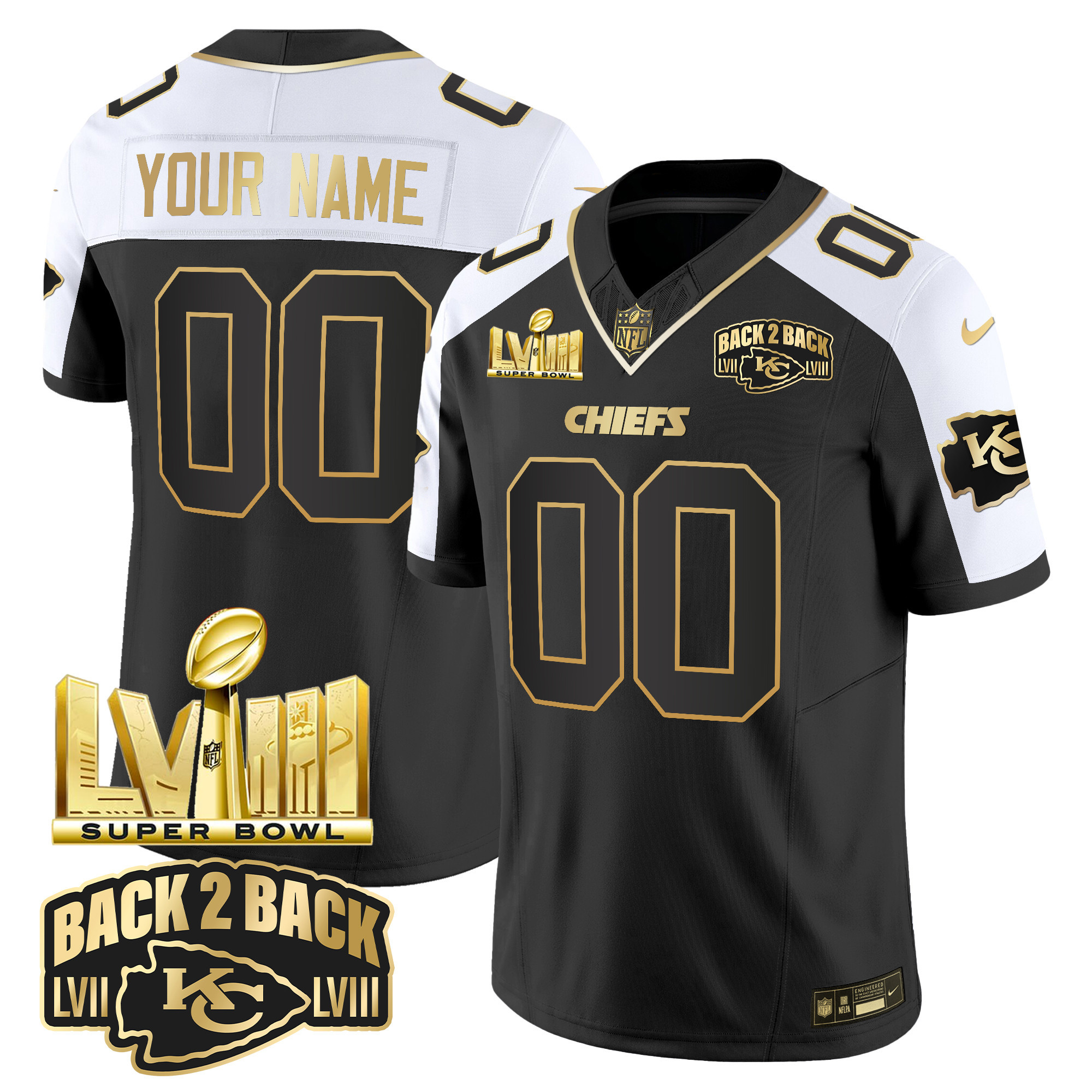 Men's Kansas City Chiefs Super Bowl LVIII & Back 2 Back Gold Patch Vapor Custom Alternate Jersey - All Stitched