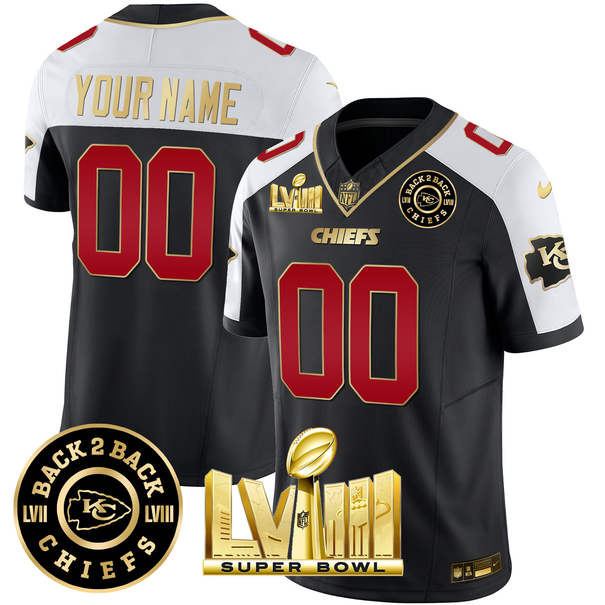 Men's Kansas City Chiefs Super Bowl LVIII & Back 2 Back Gold Patch Vapor Custom Black Alternate Jersey - All Stitched