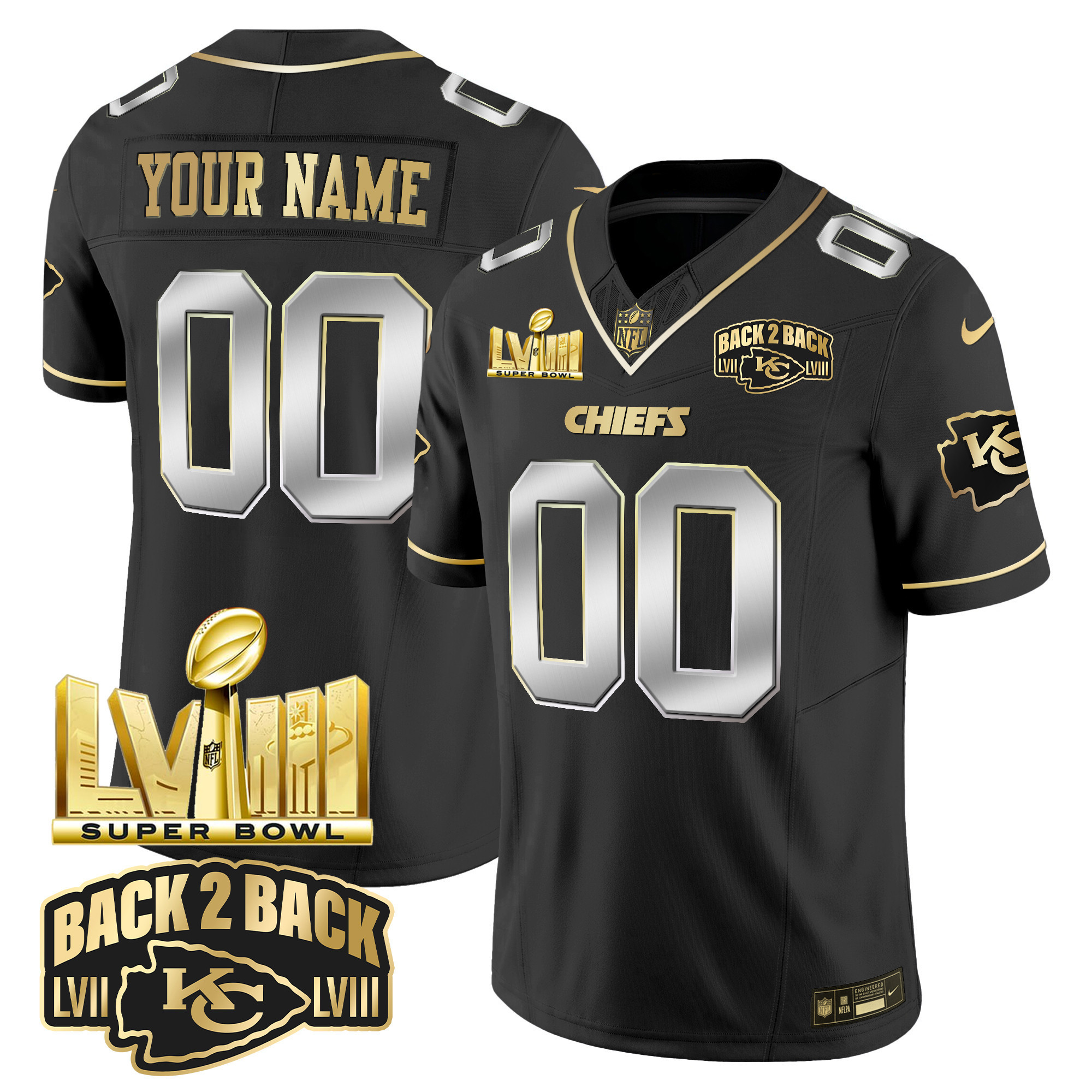 Men's Kansas City Chiefs Super Bowl LVIII & Back 2 Back Gold Patch Vapor Custom Black Limited Jersey - All Stitched
