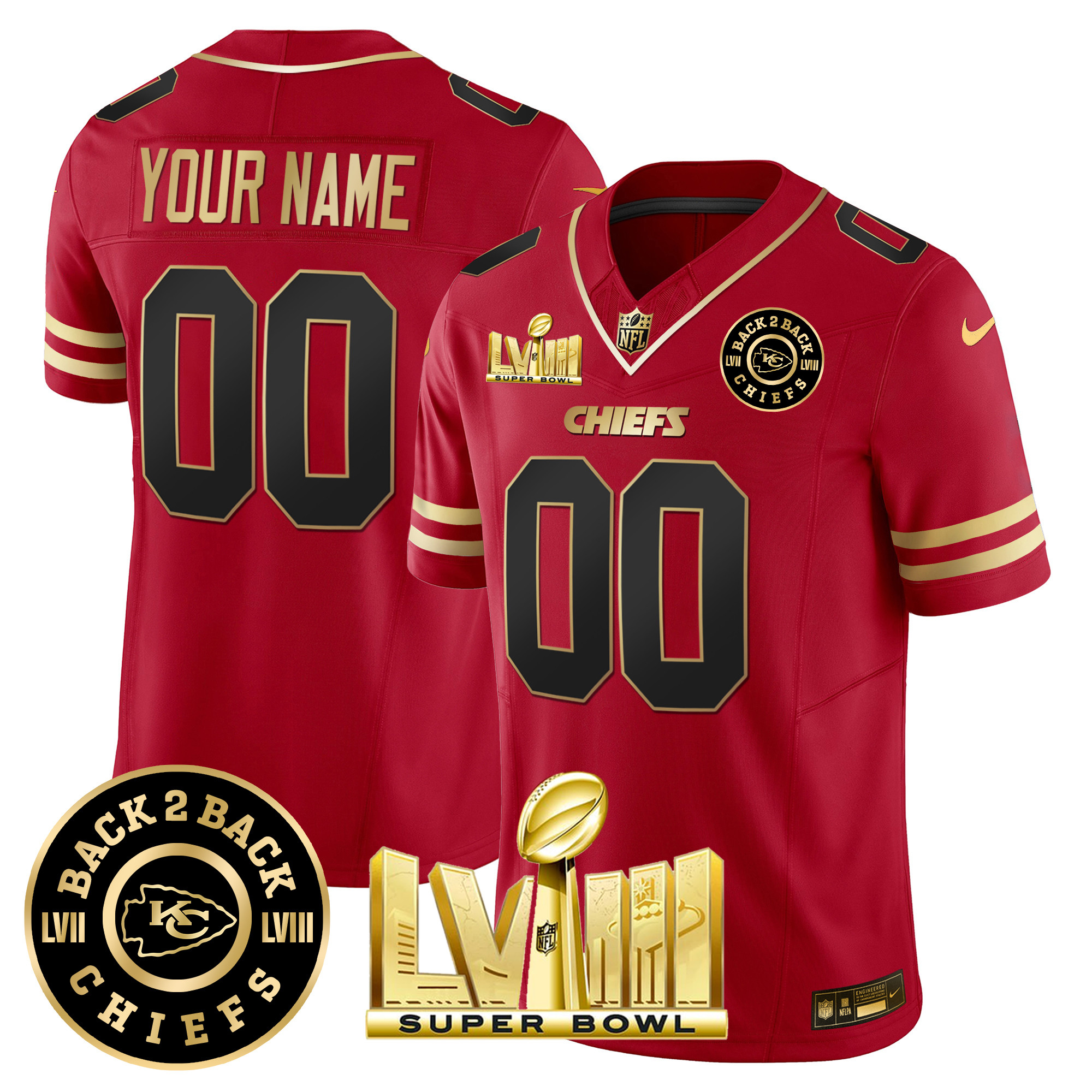 Men's Kansas City Chiefs Super Bowl LVIII & Back 2 Back Gold Patch Vapor Custom Black Red Jersey - All Stitched