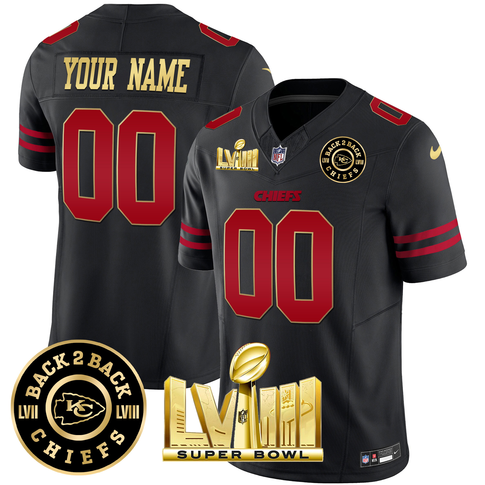 Men's Kansas City Chiefs Super Bowl LVIII & Back 2 Back Gold Patch Vapor Custom Gold Trim Jersey - All Stitched