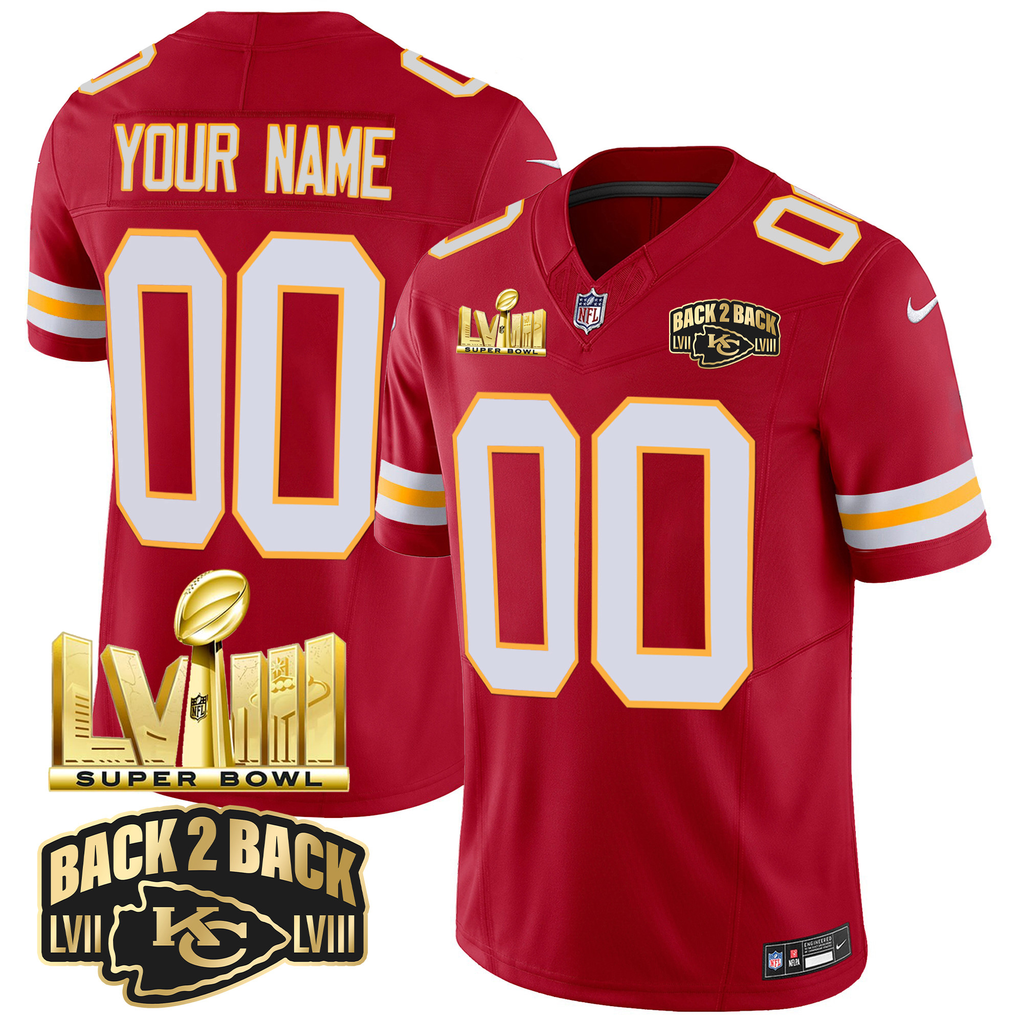 Men's Kansas City Chiefs Super Bowl LVIII & Back 2 Back Gold Patch Vapor Custom Red Jersey - All Stitched