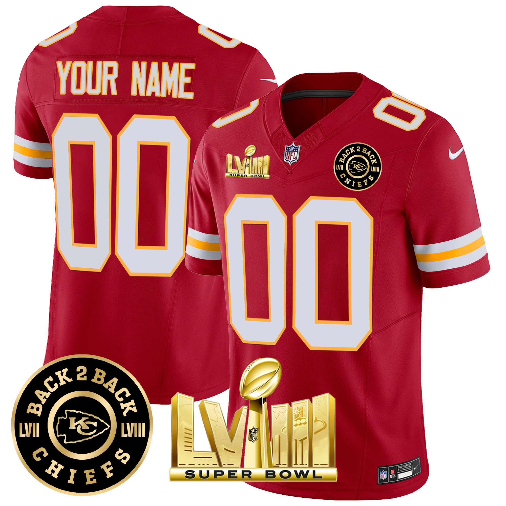 Men's Kansas City Chiefs Super Bowl LVIII & Back 2 Back Gold Patch Vapor Custom Red Jersey - All Stitched