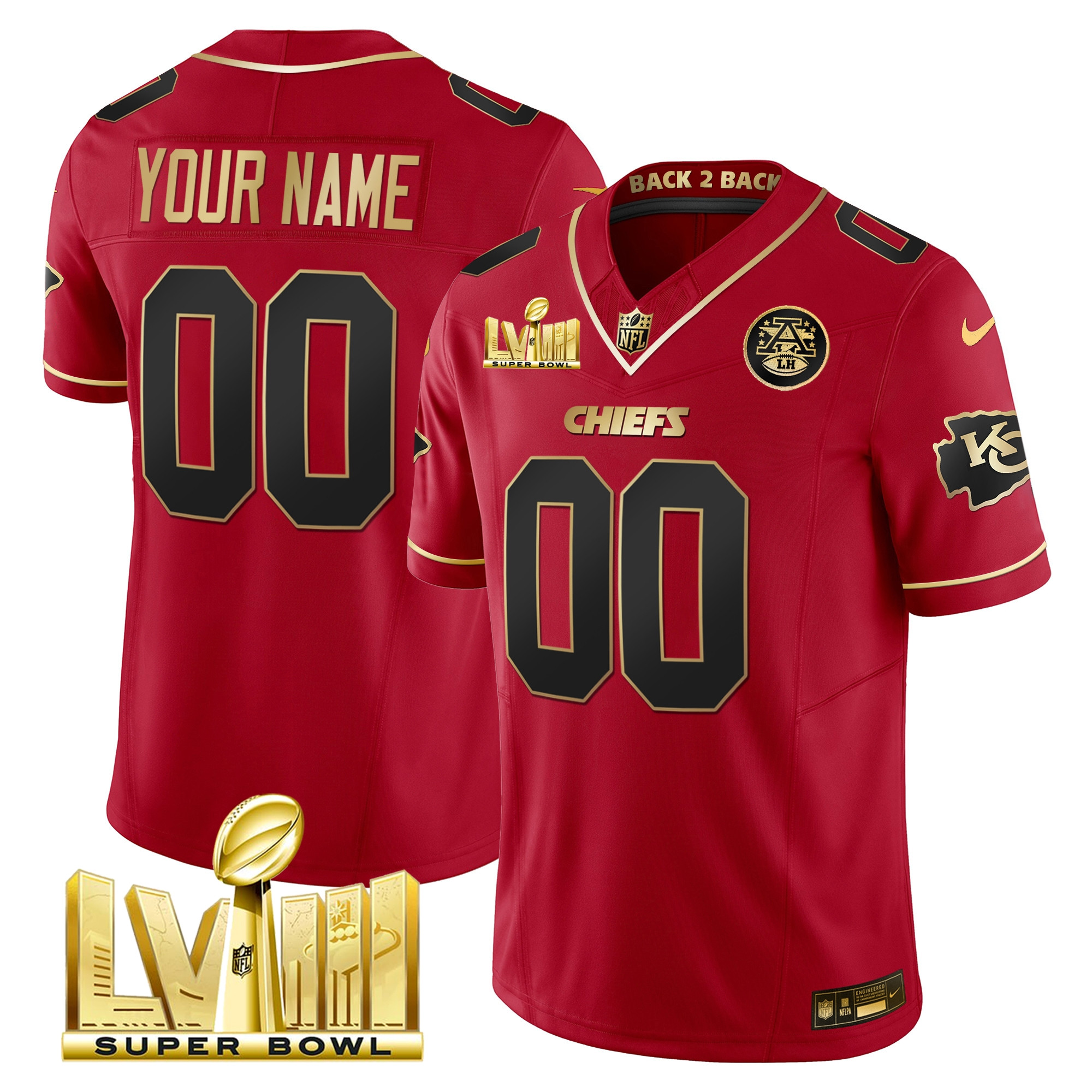 Men's Kansas City Chiefs Super Bowl LVIII & Back 2 Back Gold Patch Vapor Custom Red Special Jersey - All Stitched