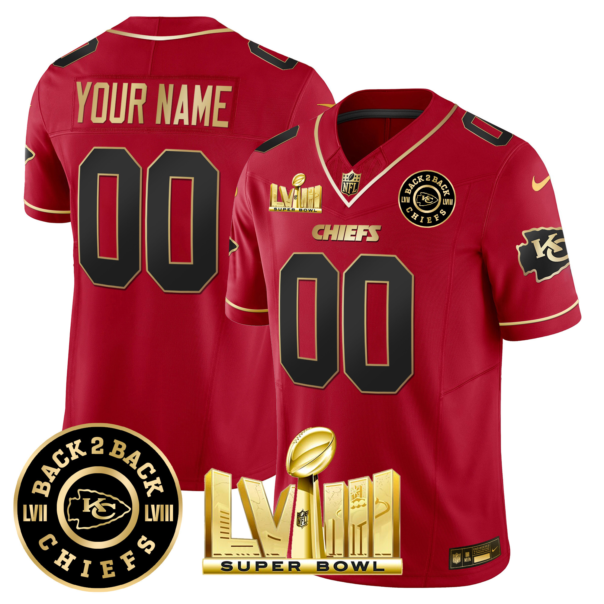 Men's Kansas City Chiefs Super Bowl LVIII & Back 2 Back Gold Patch Vapor Custom Red Special Jersey - All Stitched