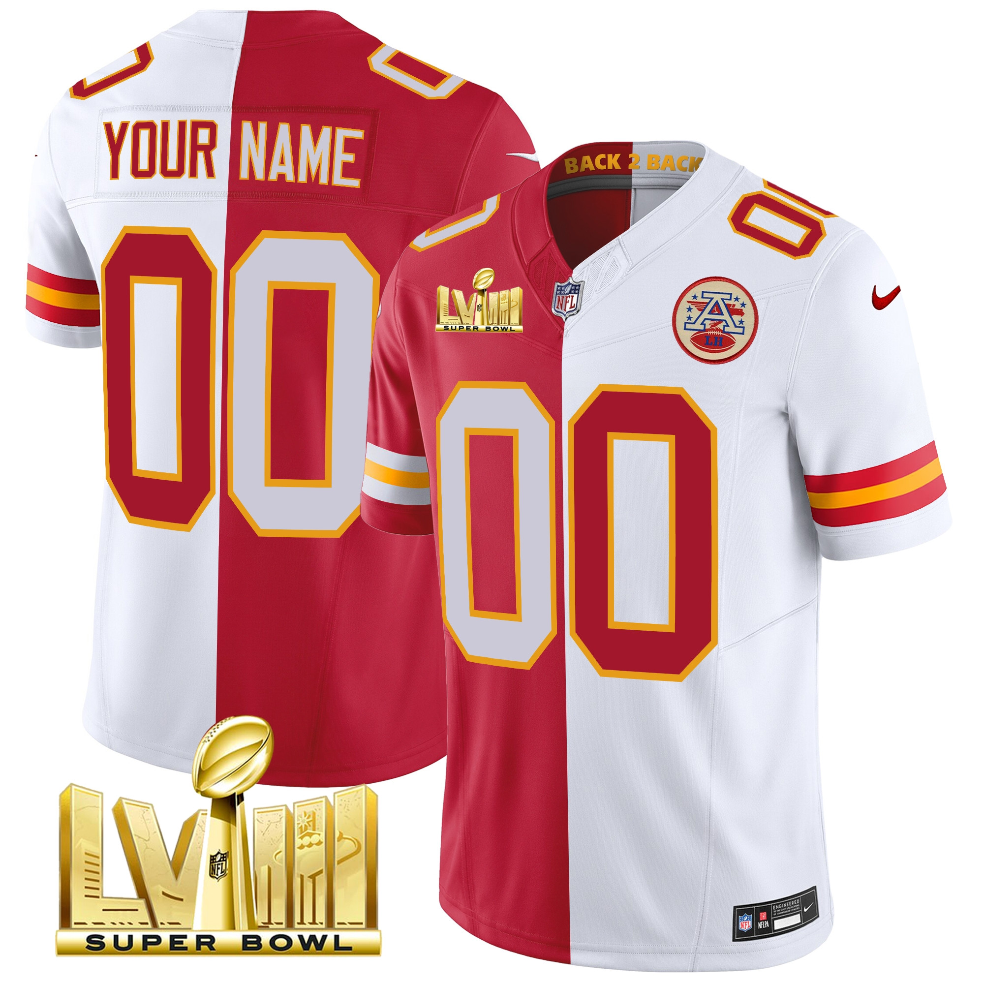 Men's Kansas City Chiefs Super Bowl LVIII & Back 2 Back Gold Patch Vapor Custom Split Jersey - All Stitched