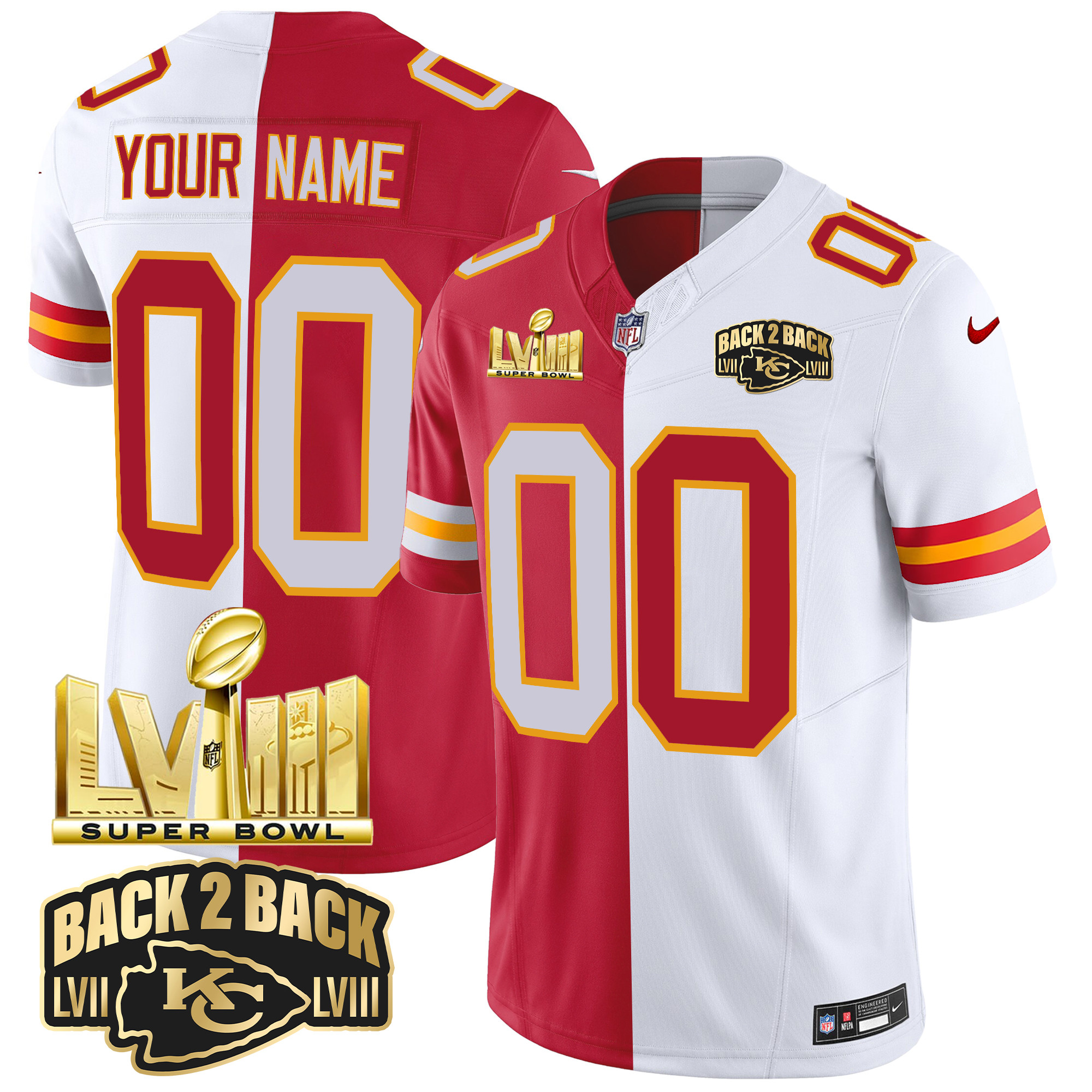 Men's Kansas City Chiefs Super Bowl LVIII & Back 2 Back Gold Patch Vapor Custom Split Jersey - All Stitched
