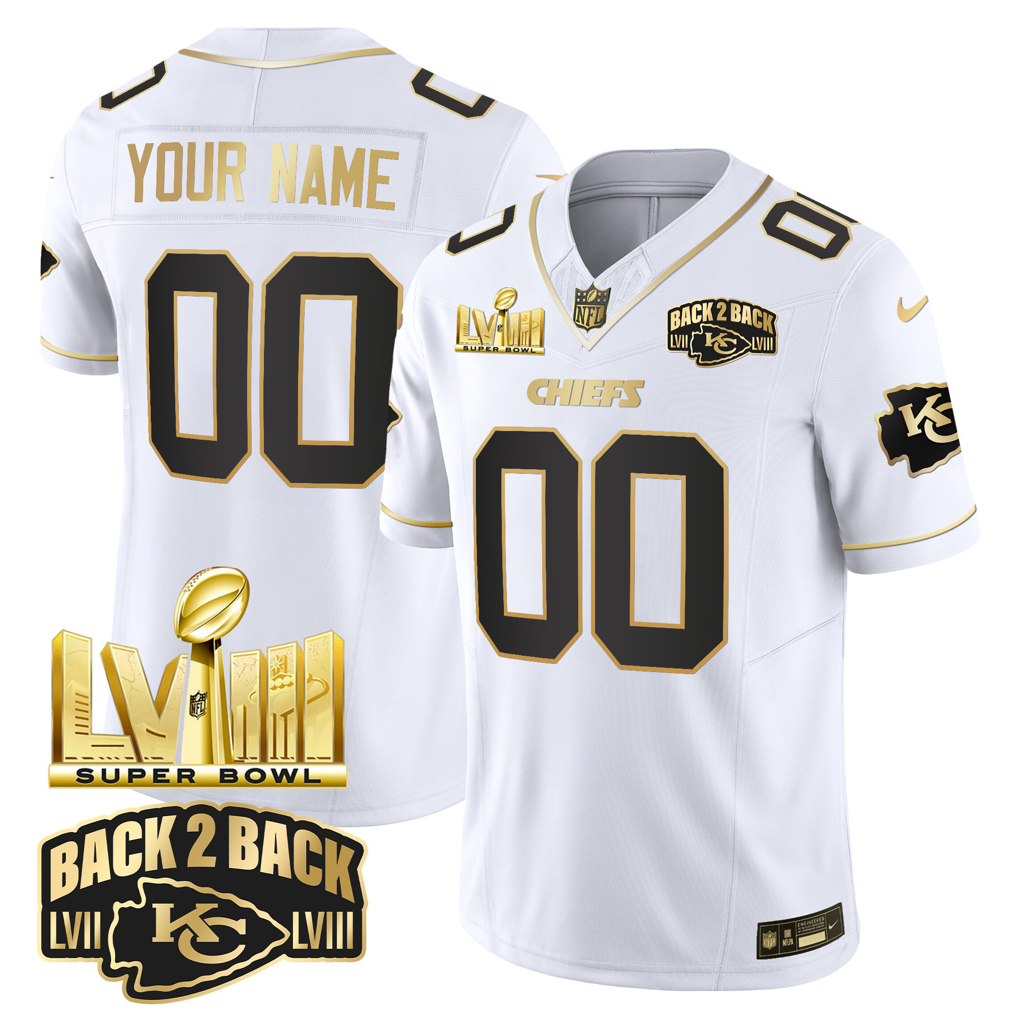 Men's Kansas City Chiefs Super Bowl LVIII & Back 2 Back Gold Patch Vapor Custom White Gold Jersey - All Stitched