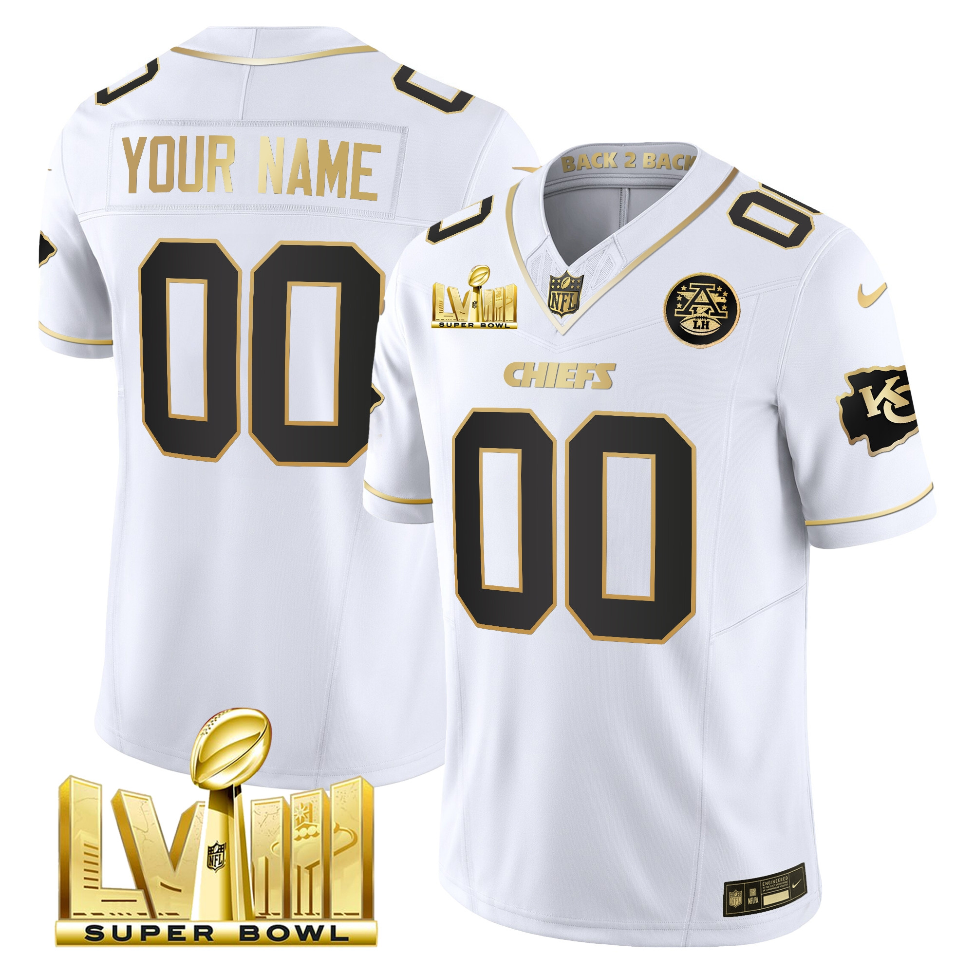 Men's Kansas City Chiefs Super Bowl LVIII & Back 2 Back Gold Patch Vapor Custom White Gold Jersey - All Stitched
