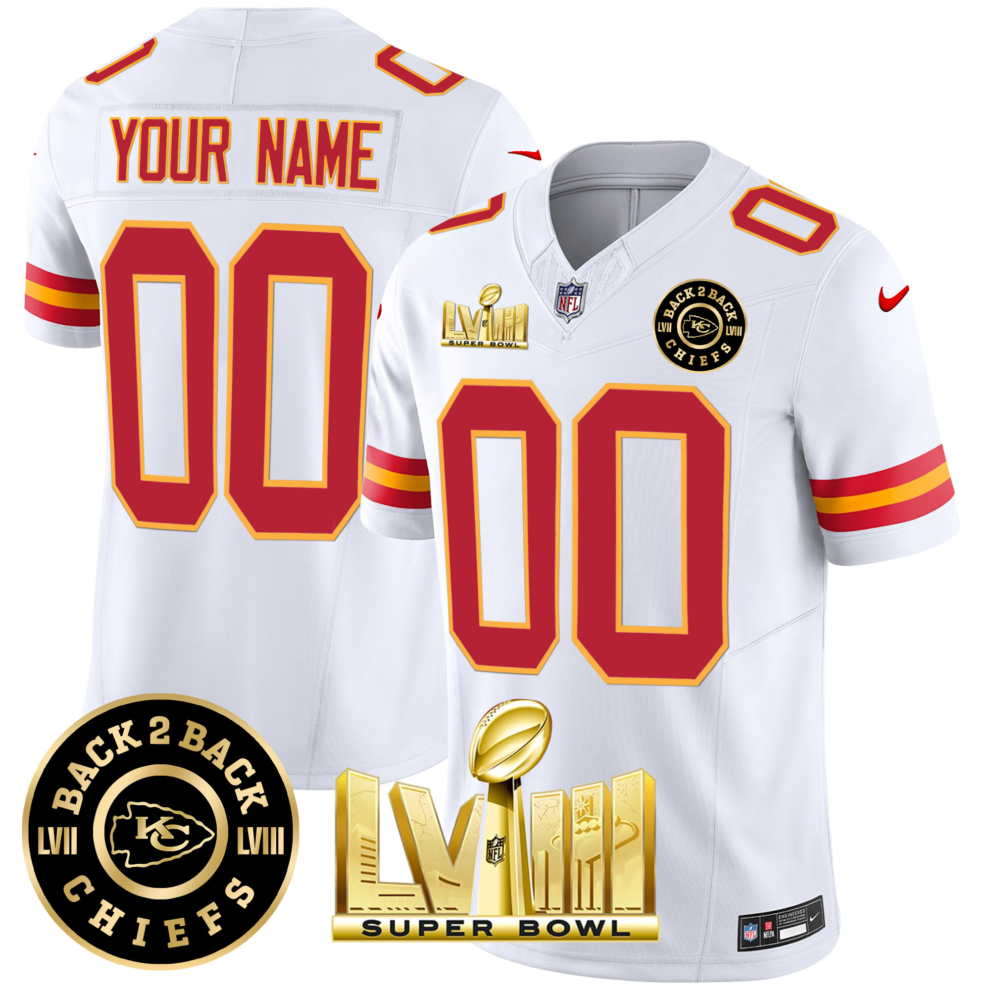 Men's Kansas City Chiefs Super Bowl LVIII & Back 2 Back Gold Patch Vapor Custom White Jersey - All Stitched