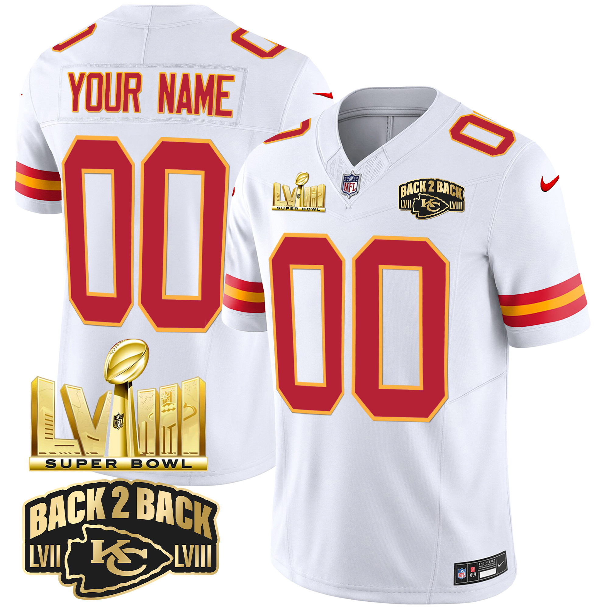 Men's Kansas City Chiefs Super Bowl LVIII & Back 2 Back Gold Patch Vapor Custom White Jersey - All Stitched