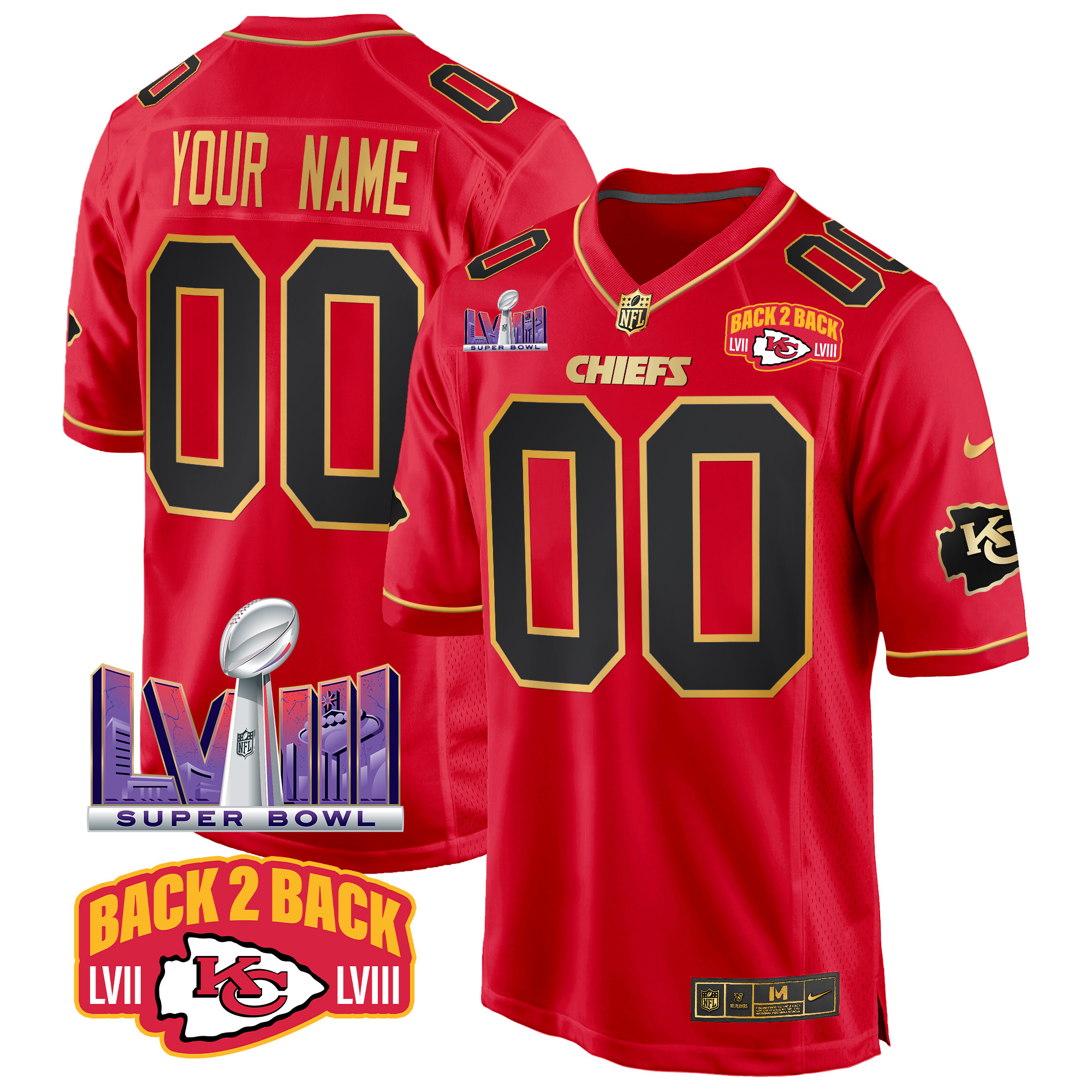 Men's Kansas City Chiefs Super Bowl LVIII & Back 2 Back Patch Game Custom Red Special Jersey - All Stitched