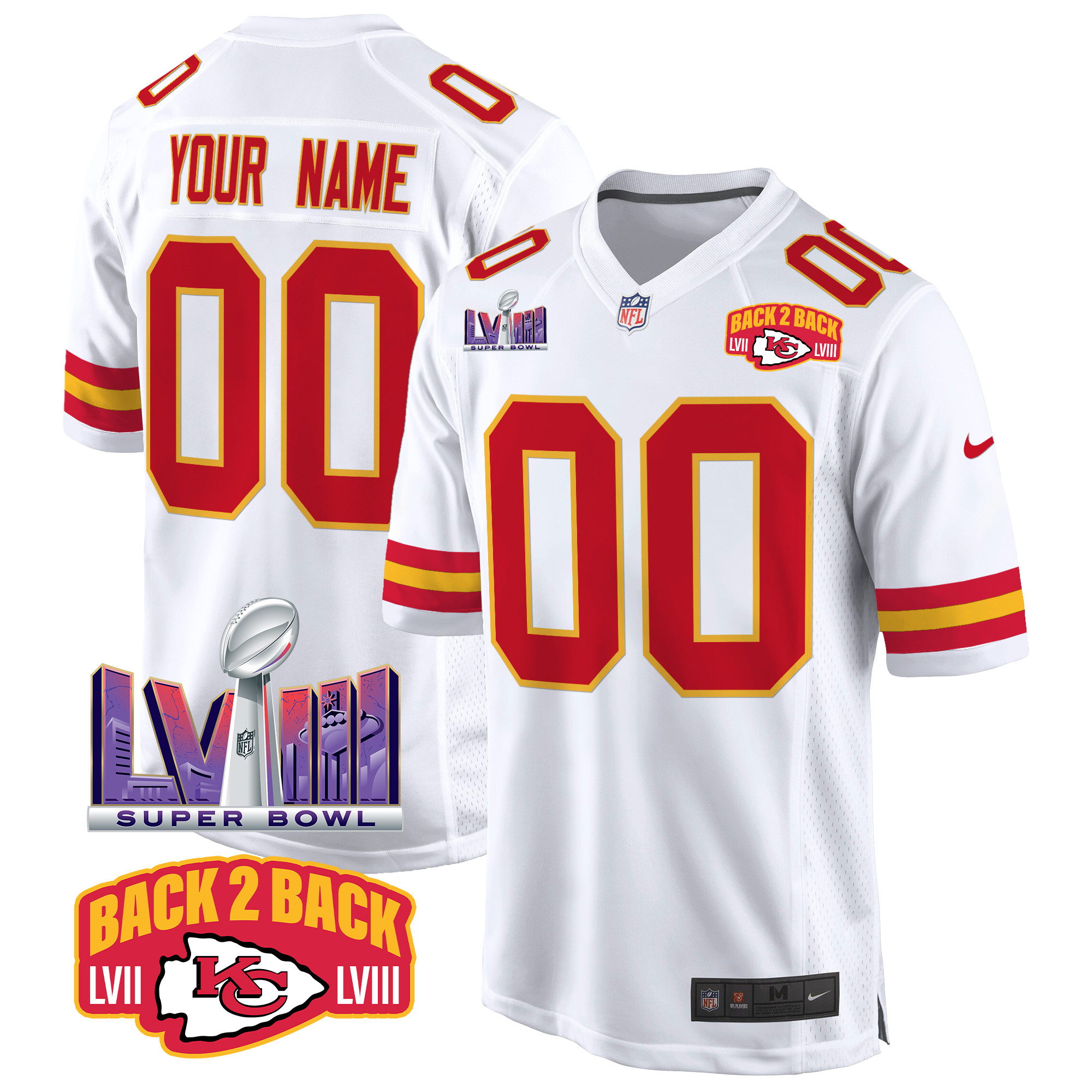 Men's Kansas City Chiefs Super Bowl LVIII & Back 2 Back Patch Game Custom White Jersey - All Stitched