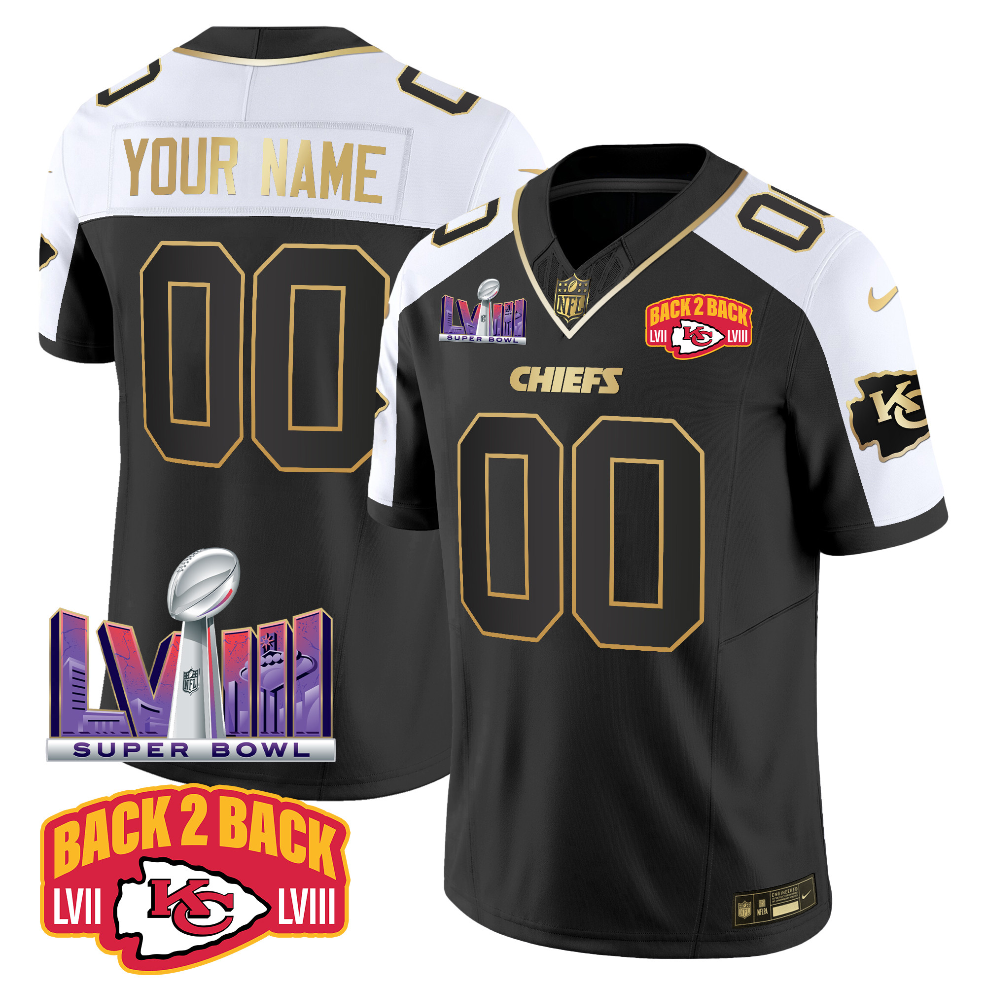 Men's Kansas City Chiefs Super Bowl LVIII & Back 2 Back Patch Vapor Custom Alternate Jersey - All Stitched