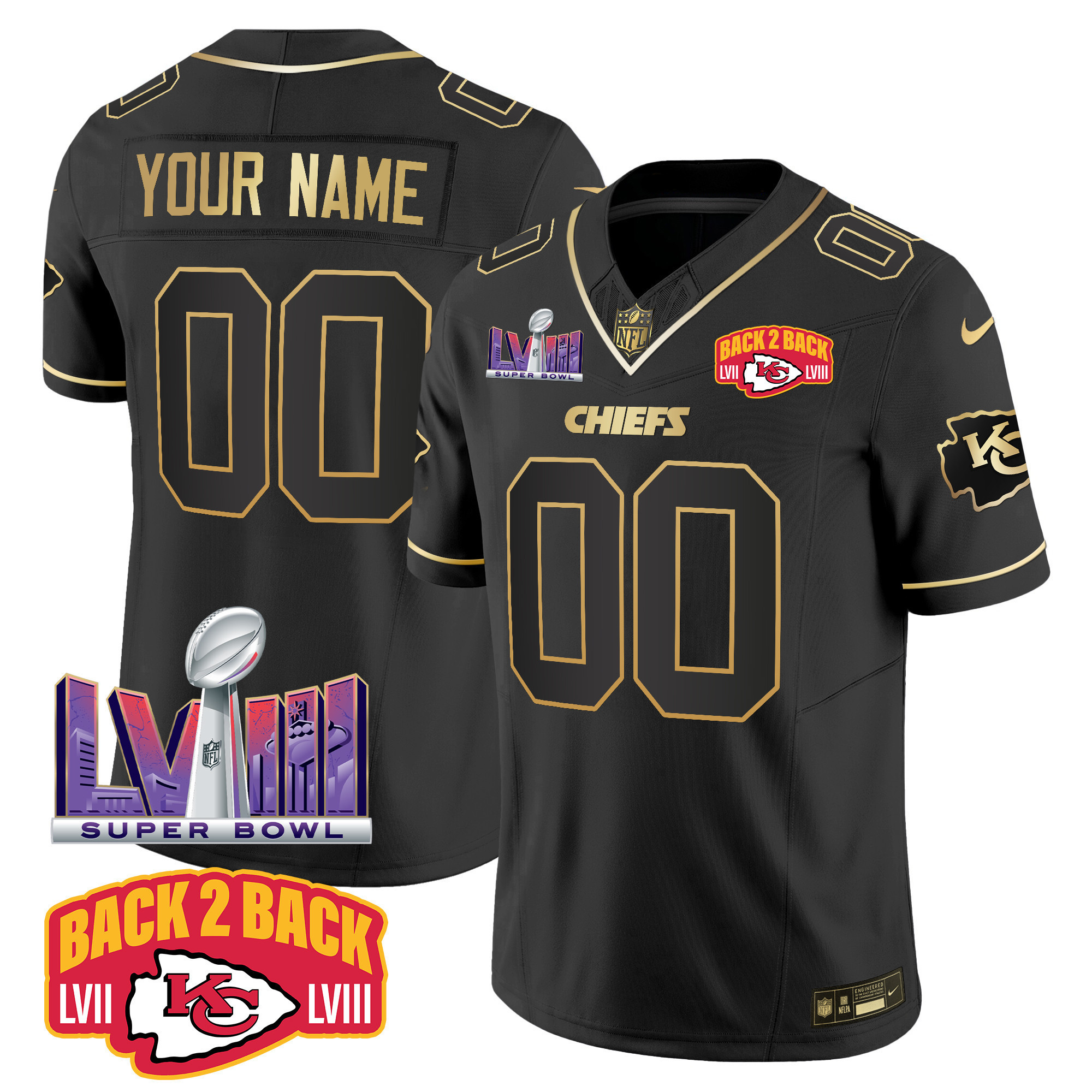 Men's Kansas City Chiefs Super Bowl LVIII & Back 2 Back Patch Vapor Custom Black Gold Jersey - All Stitched
