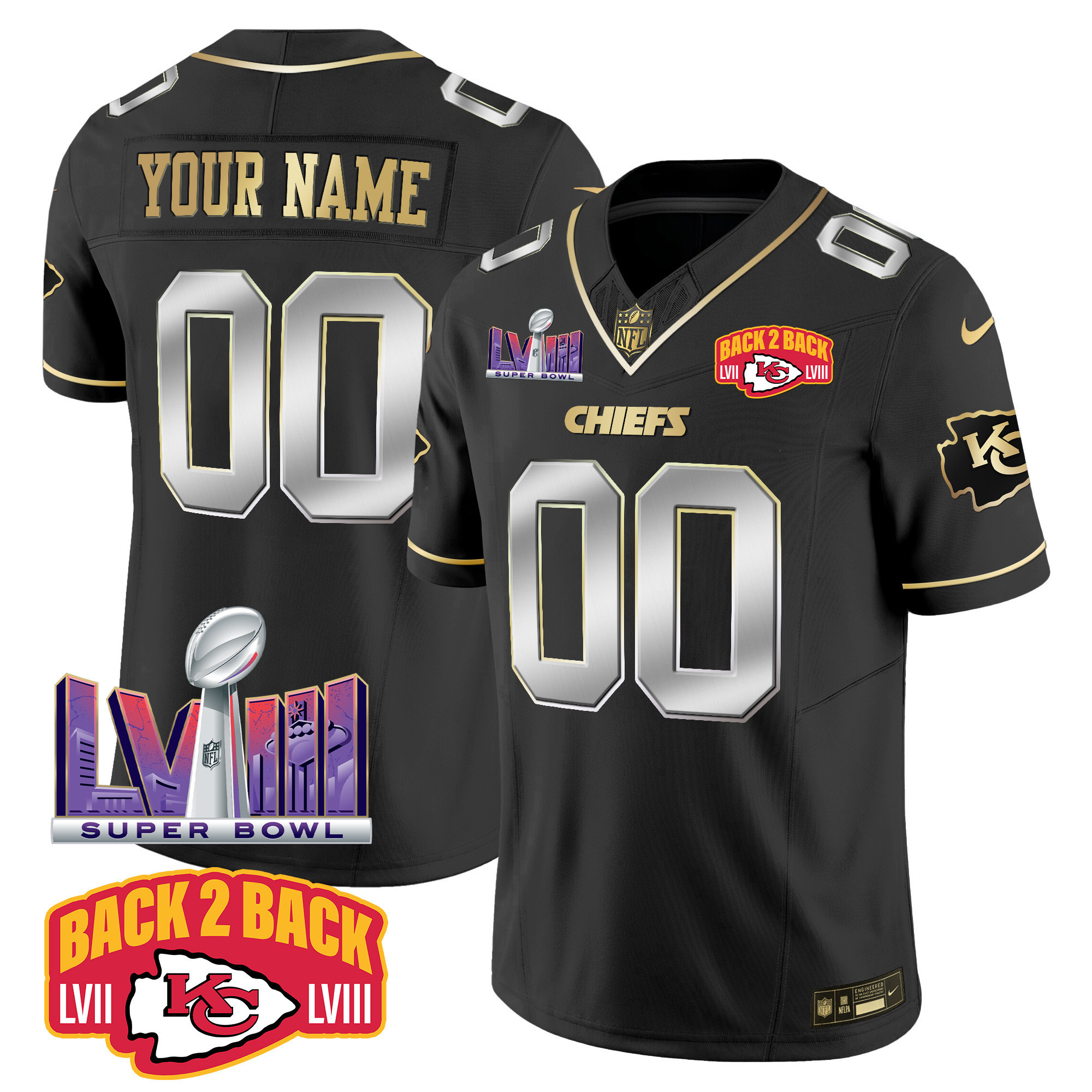 Men's Kansas City Chiefs Super Bowl LVIII & Back 2 Back Patch Vapor Custom Black Limited Jersey - All Stitched