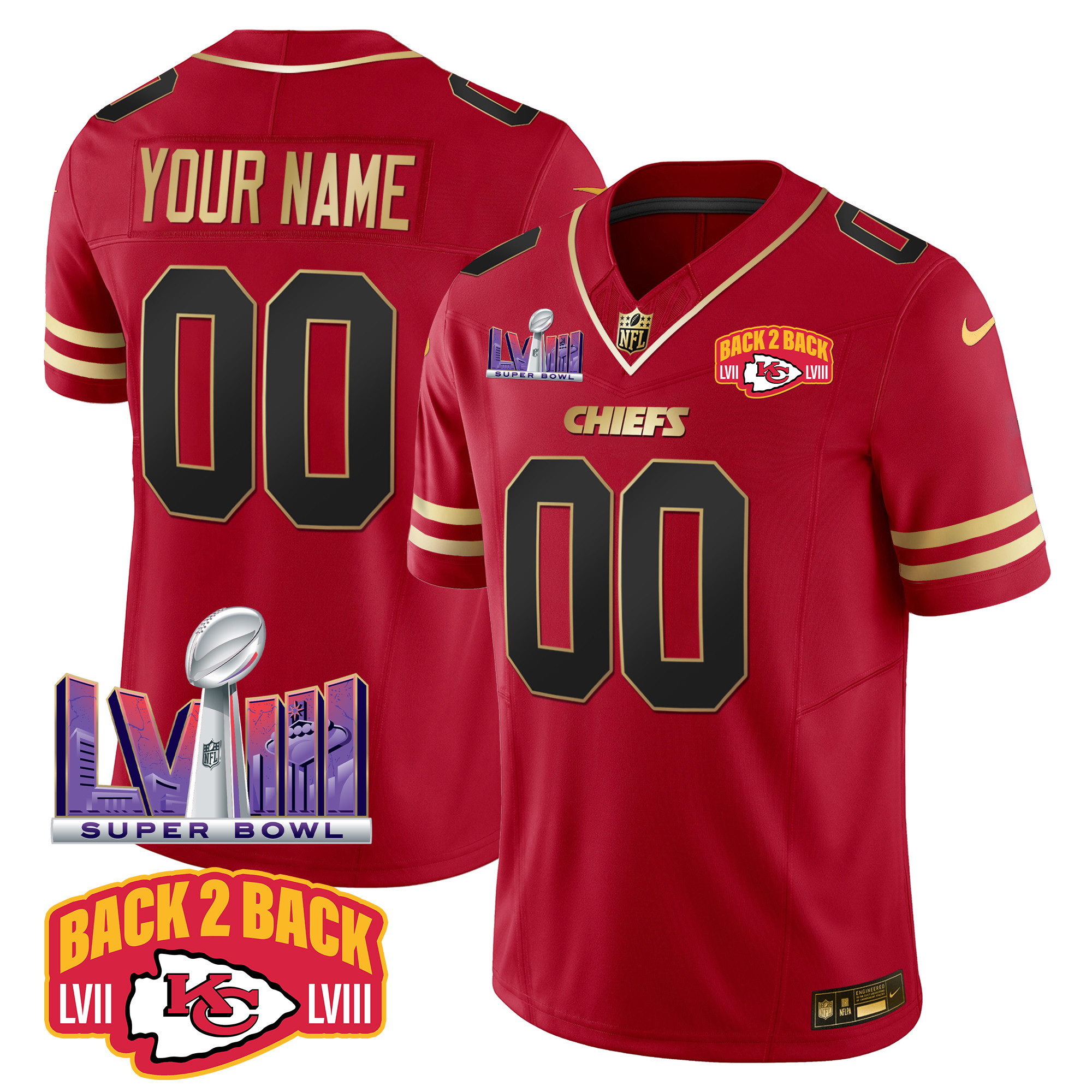 Men's Kansas City Chiefs Super Bowl LVIII & Back 2 Back Patch Vapor Custom Black Red Jersey - All Stitched