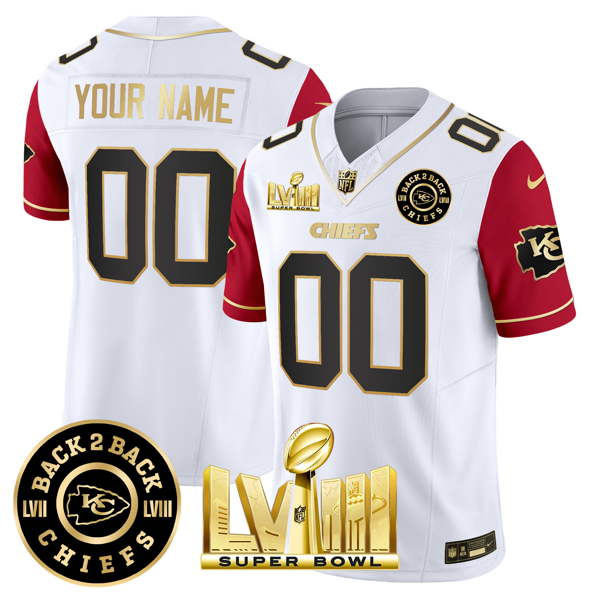 Men's Kansas City Chiefs Super Bowl LVIII & Back 2 Back Patch Vapor Custom Color Sleeves Jersey - All Stitched