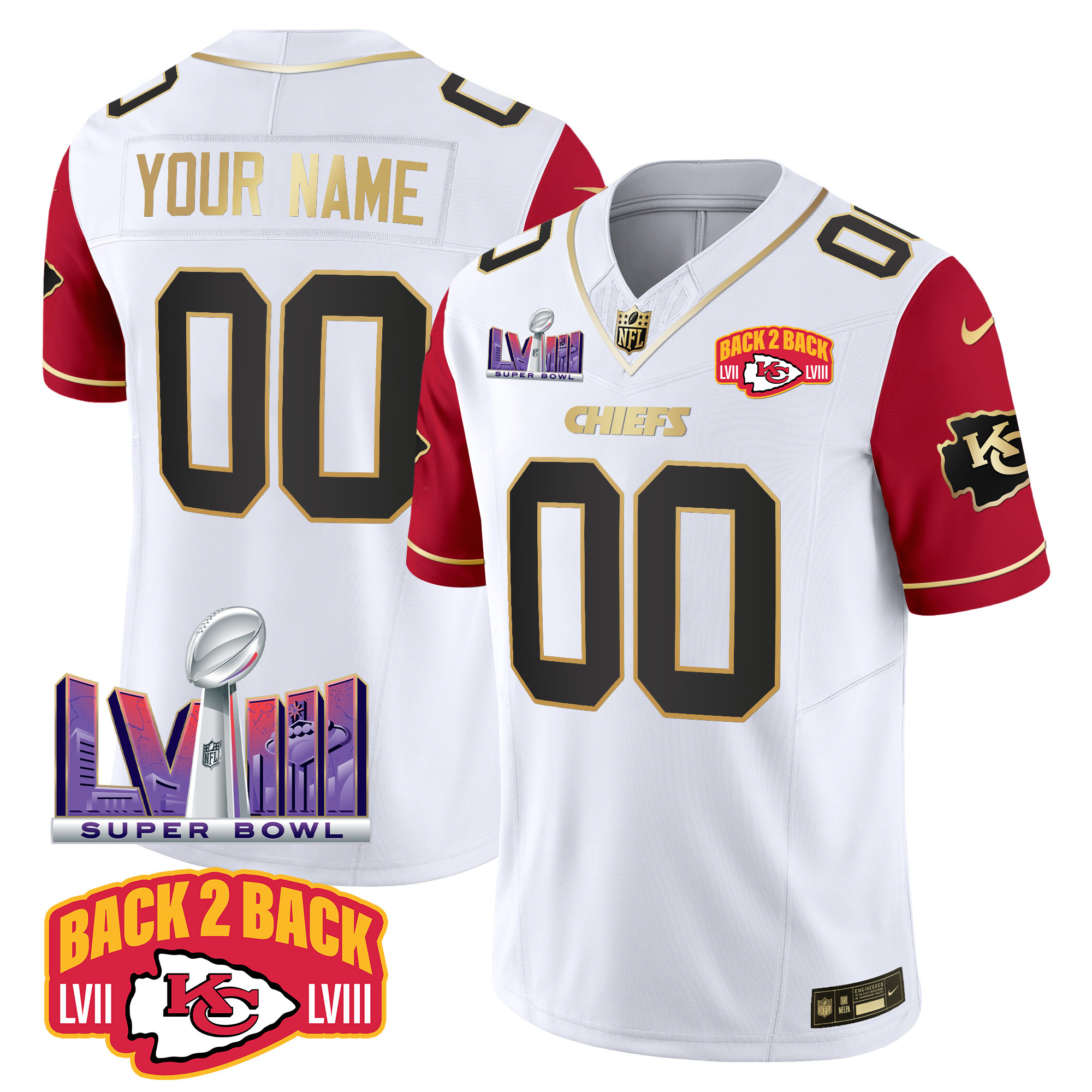 Men's Kansas City Chiefs Super Bowl LVIII & Back 2 Back Patch Vapor Custom Color Sleeves Jersey - All Stitched