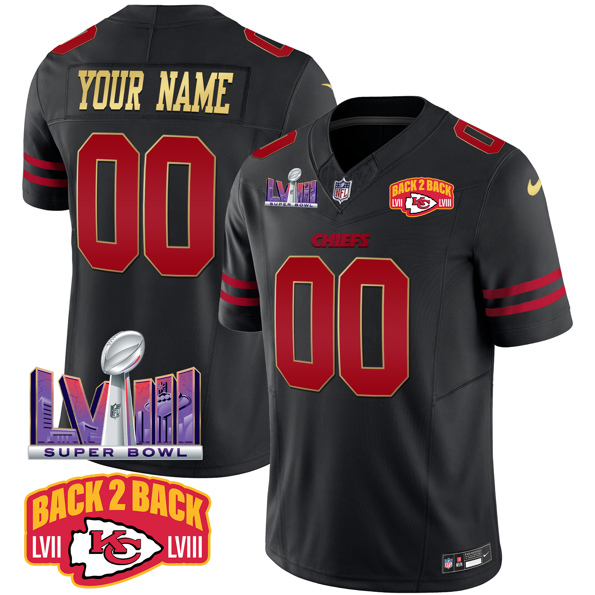 Men's Kansas City Chiefs Super Bowl LVIII & Back 2 Back Patch Vapor Custom Gold Trim Jersey - All Stitched