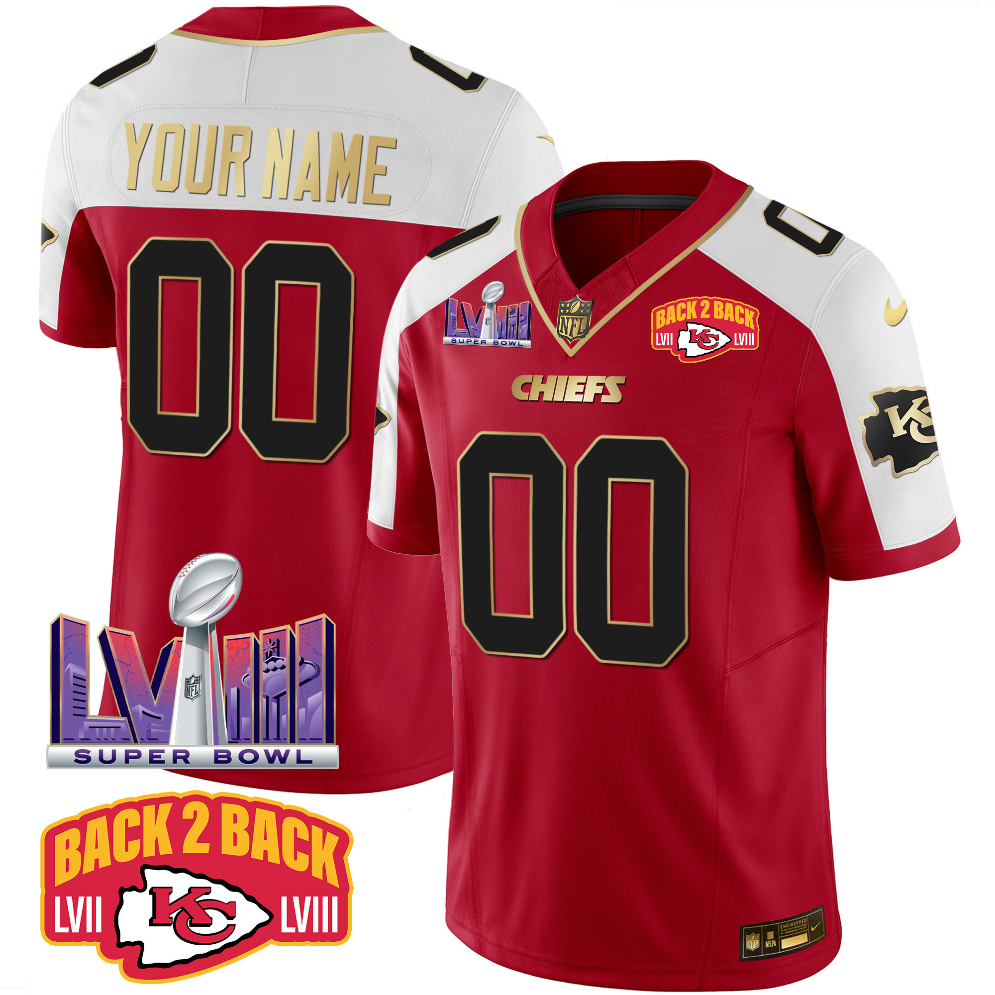 Men's Kansas City Chiefs Super Bowl LVIII & Back 2 Back Patch Vapor Custom Red Alternate Jersey - All Stitched