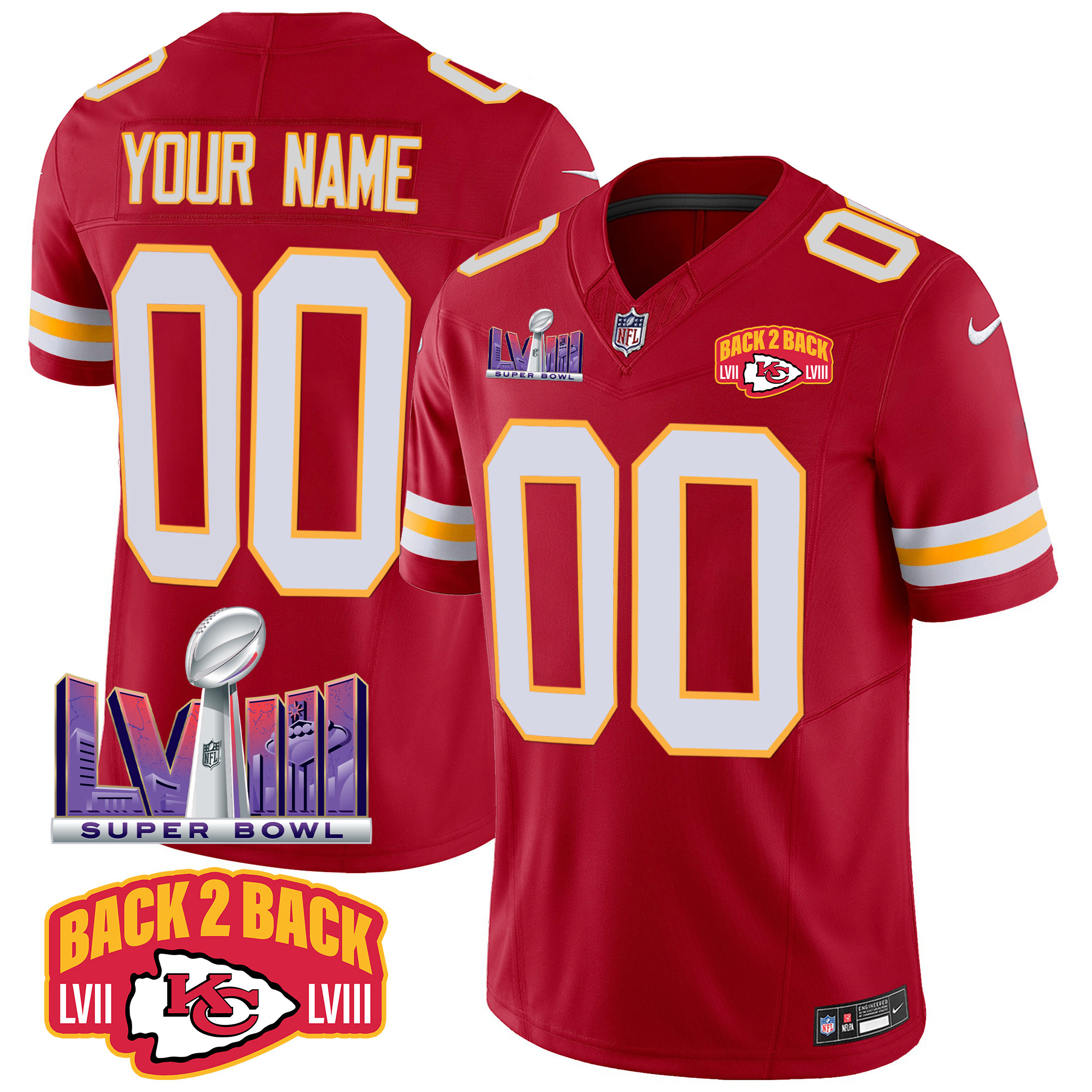 Men's Kansas City Chiefs Super Bowl LVIII & Back 2 Back Patch Vapor Custom Red Jersey - All Stitched