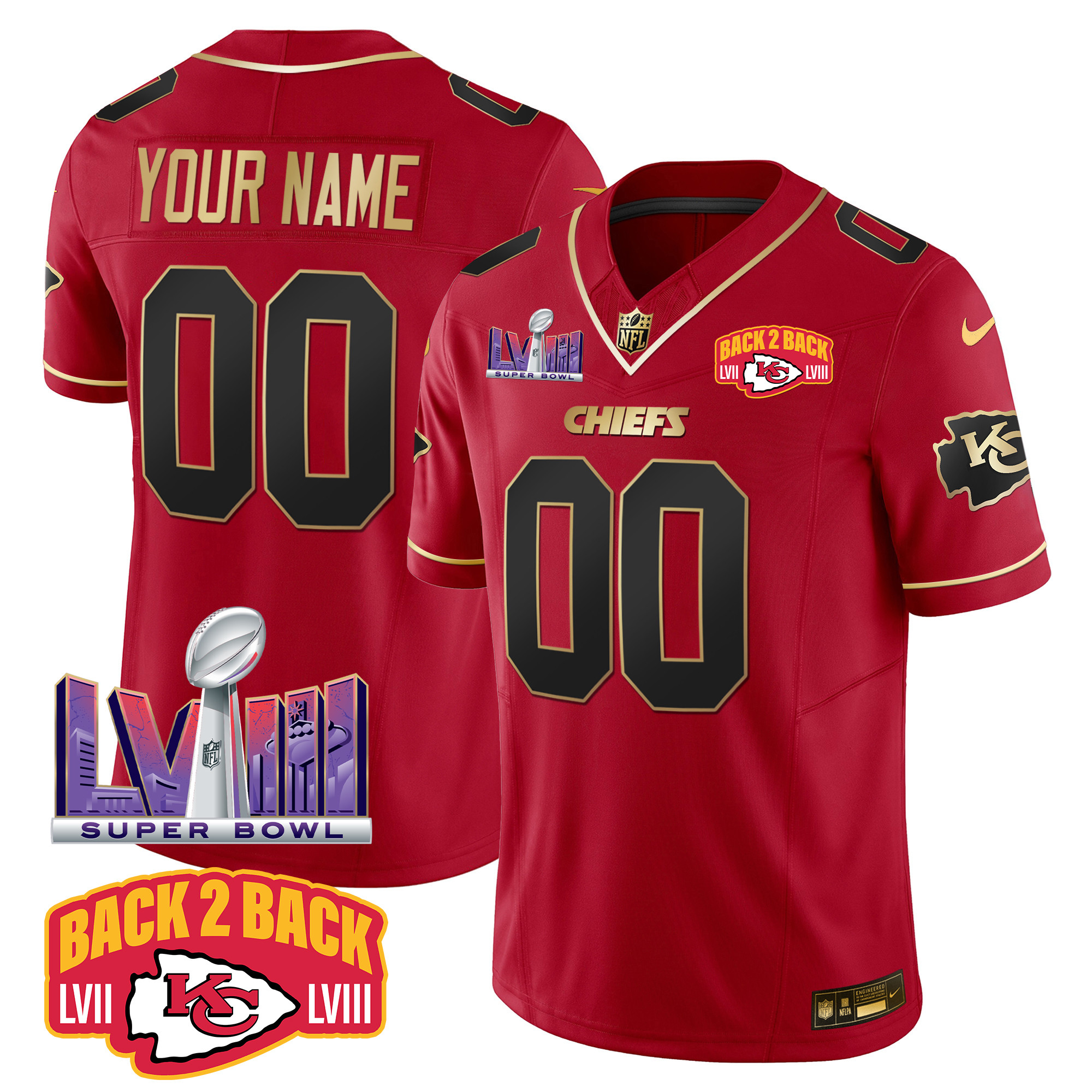 Men's Kansas City Chiefs Super Bowl LVIII & Back 2 Back Patch Vapor Custom Red Special Jersey - All Stitched