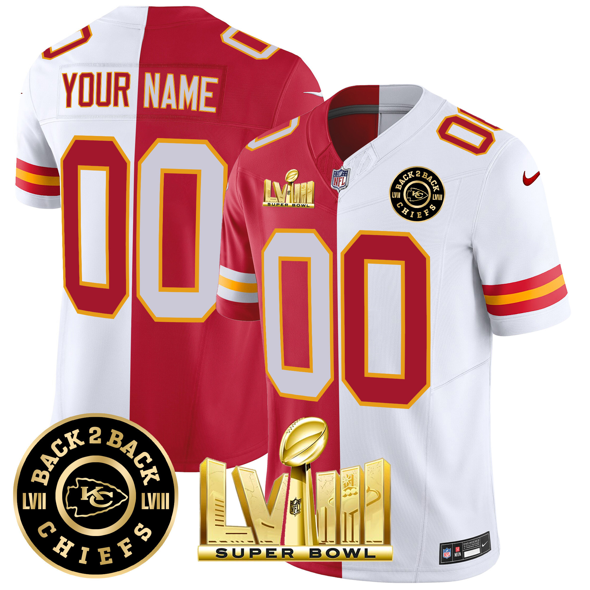 Men's Kansas City Chiefs Super Bowl LVIII & Back 2 Back Patch Vapor Custom Split Jersey - All Stitched