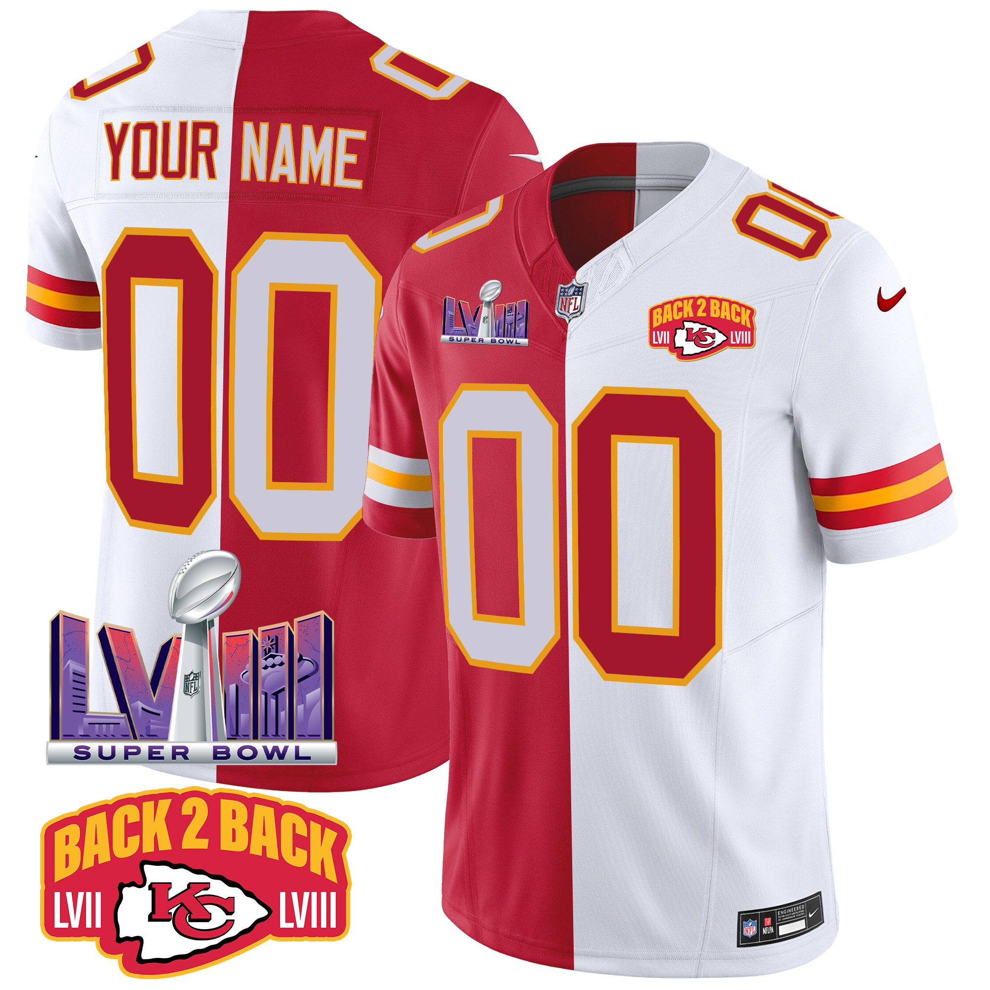 Men's Kansas City Chiefs Super Bowl LVIII & Back 2 Back Patch Vapor Custom Split Jersey - All Stitched