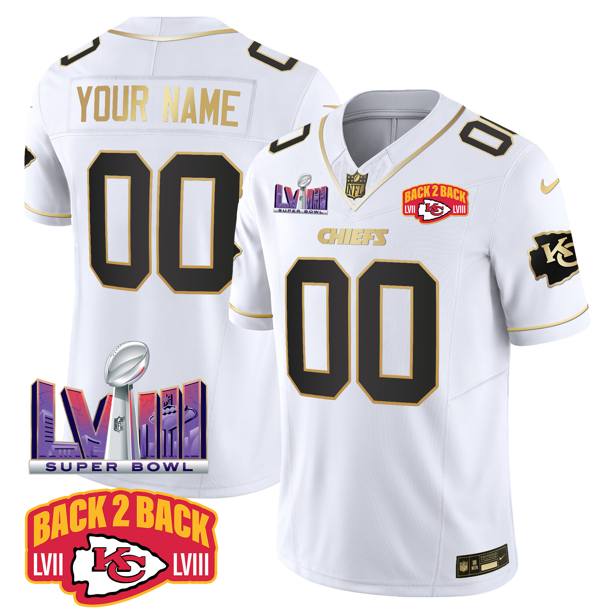 Men's Kansas City Chiefs Super Bowl LVIII & Back 2 Back Patch Vapor Custom White Gold Jersey - All Stitched