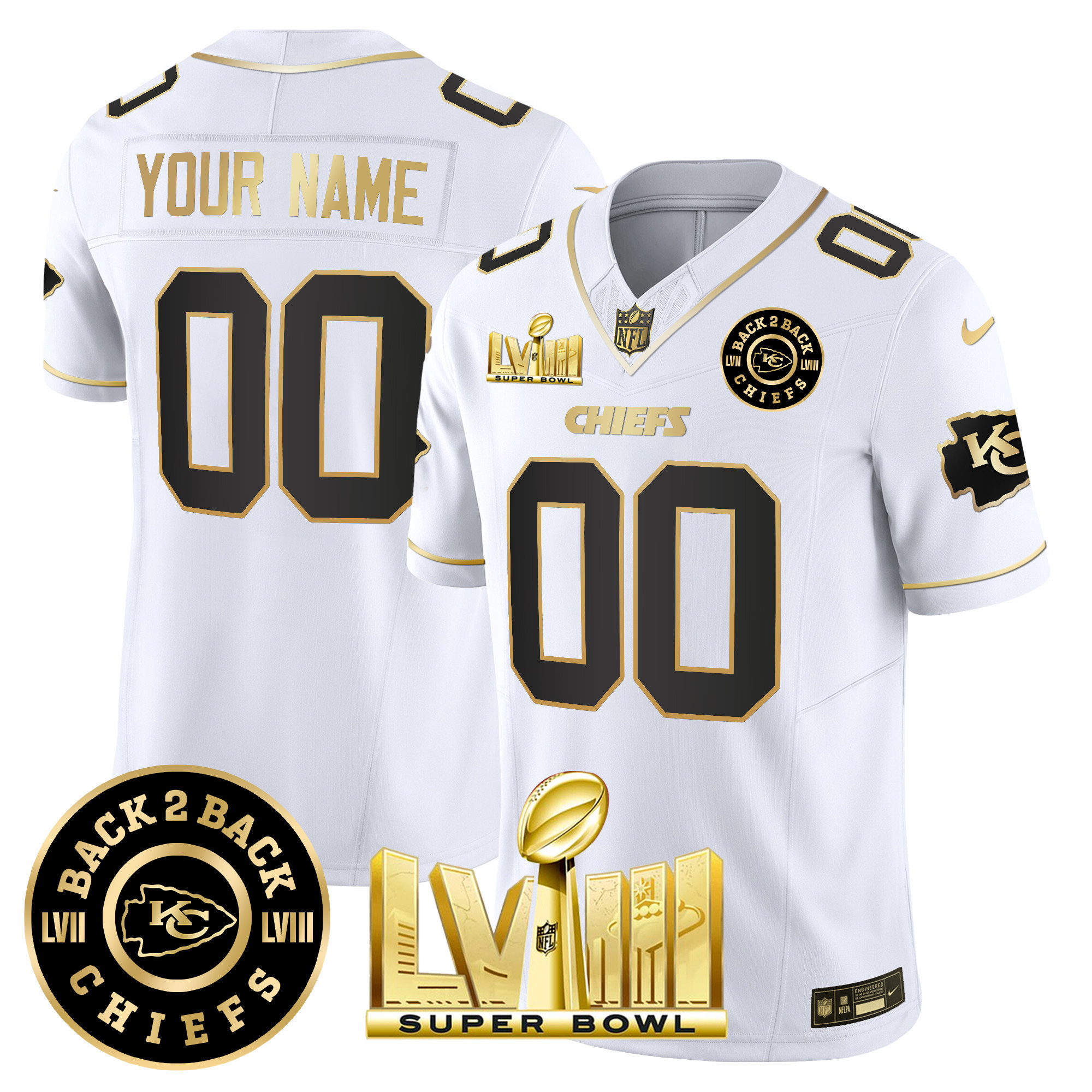 Men's Kansas City Chiefs Super Bowl LVIII & Back 2 Back Patch Vapor Custom White Gold Jersey - All Stitched