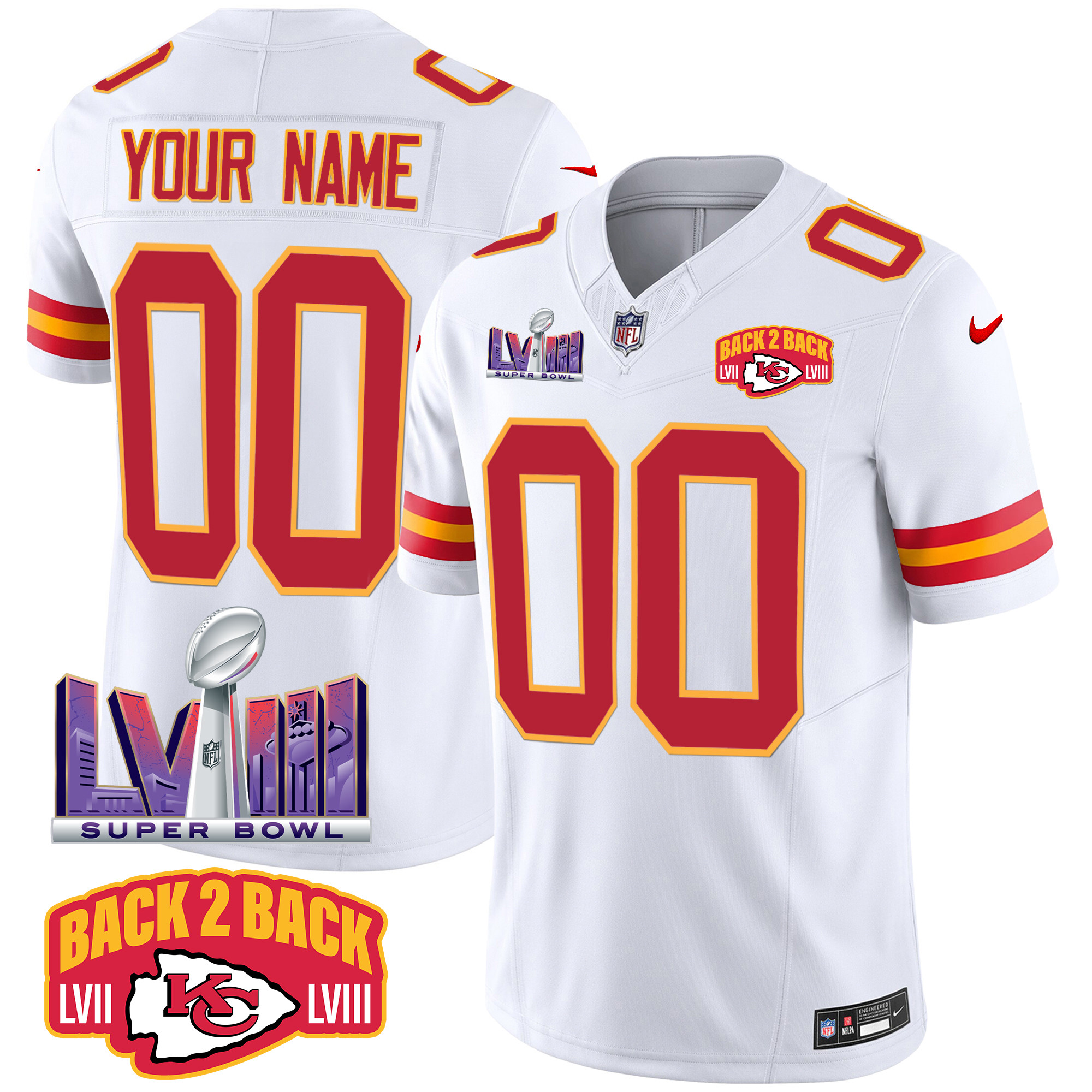 Men's Kansas City Chiefs Super Bowl LVIII & Back 2 Back Patch Vapor Custom White Jersey - All Stitched