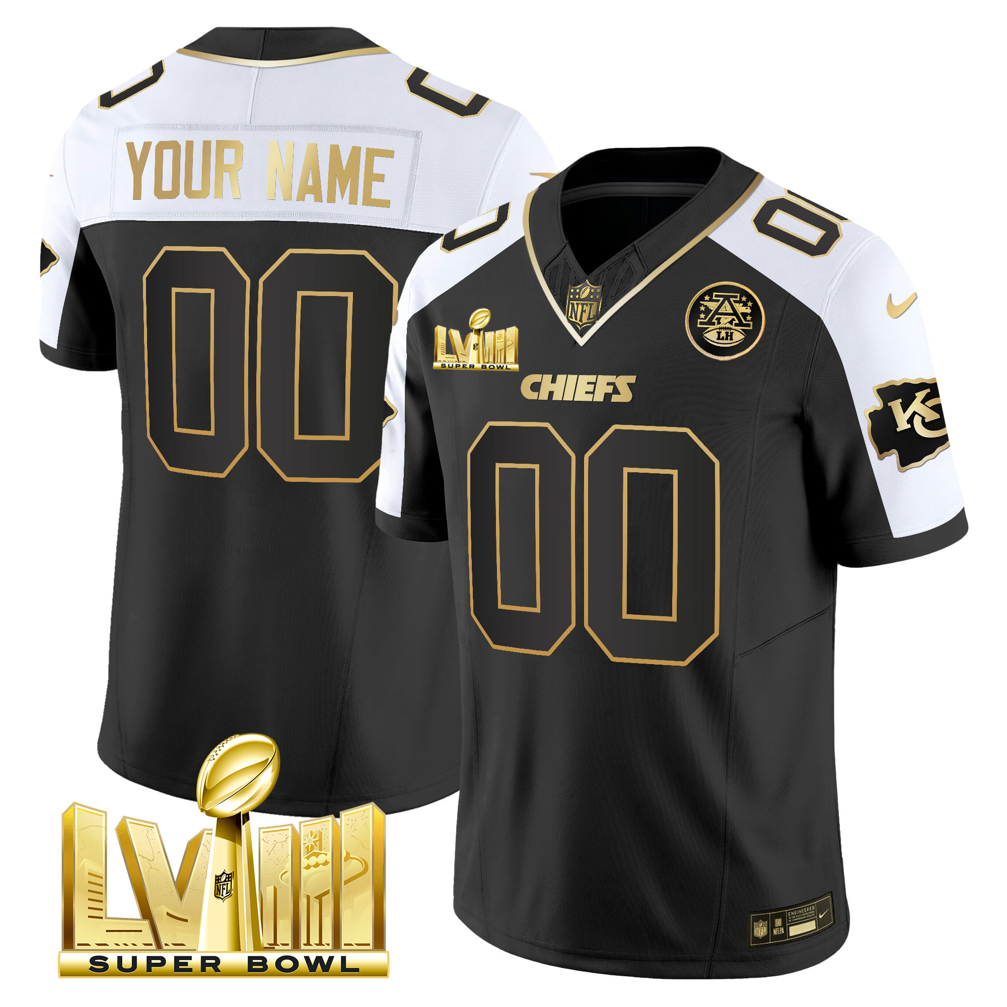 Men's Kansas City Chiefs Super Bowl LVIII Gold Patch Vapor Custom Alternate Jersey - All Stitched